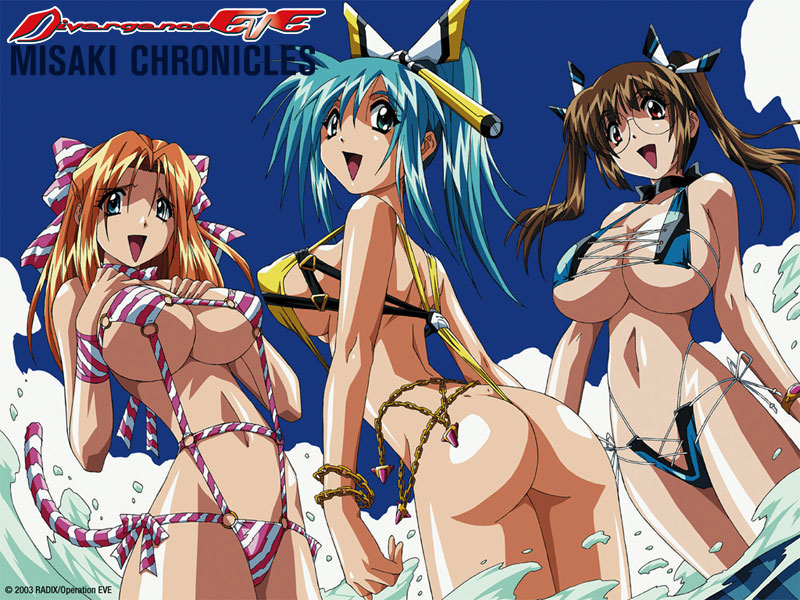 yamashita toshinari, kureha misaki, prim snowlight, suzanna bluestein, divergence eve, striped, 00s, 3girls, aqua eyes, ass, bikini, blue eyes, blue hair, bow, bracelet, breast suppress, breasts, brown hair, butt crack, cat tail, choker, covered erect nipples, dimples of venus, glasses, hair bow, hair ribbon, huge breasts, jewelry, large breasts, long hair, micro bikini, multiple girls, navel, o-ring, one-piece swimsuit, open mouth, orange hair, ponytail, red eyes, ribbon, side-tie bikini bottom, sideboob, slingshot swimsuit, splashing, swimsuit, tail, twintails, underboob, wading, water