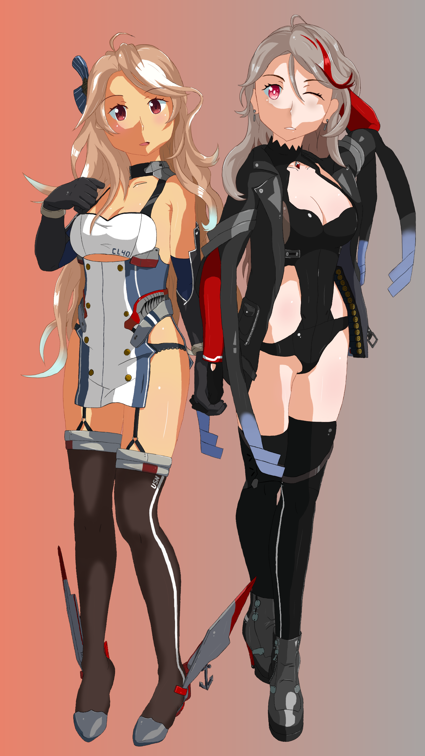 brooklyn (azur lane), m1887 (girls' frontline), azur lane, girls' frontline, absurdres, highres, 2girls, bare shoulders, black gloves, black pants, bow, breasts, crossover, dark skin, earrings, gloves, jewelry, long hair, multicolored hair, multiple girls, open mouth, orange background, pants, red eyes, standing, the red deer