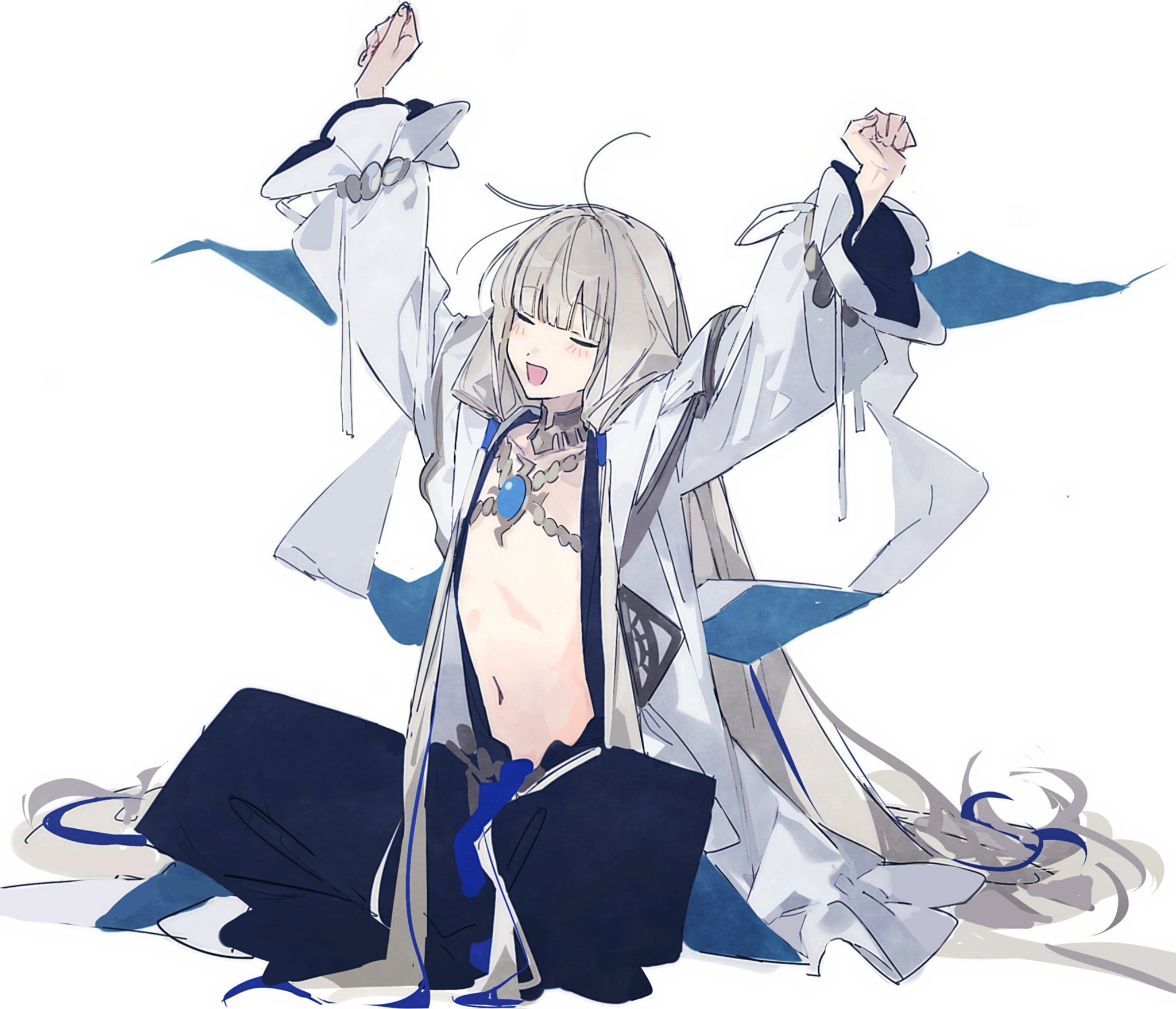 noah (fate), fate/grand order, fate (series), highres, 1boy, blonde hair, blush, closed eyes, full body, gold choker, hair tubes, jewelry, long hair, long sleeves, low-tied sidelocks, male focus, navel, necklace, on ground, open mouth, robe, shanzizizizizi, sidelocks, simple background, sitting, smile, solo, white background, white robe