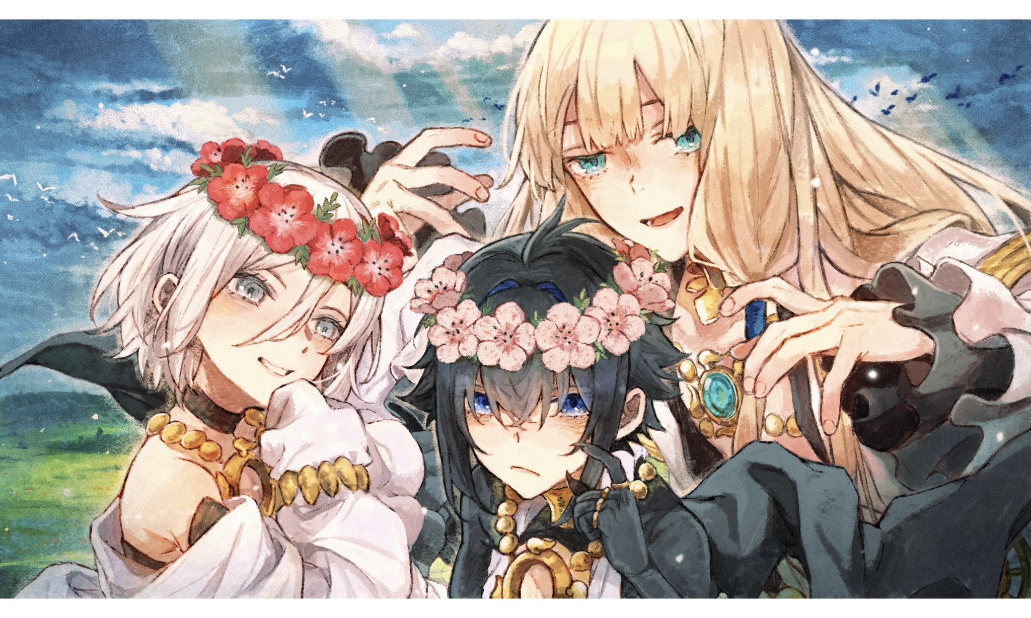 natori re, dove (fate), noah (fate), raven (fate), fate/grand order, fate (series), highres, 1boy, 2others, bird, black hair, blonde hair, blue eyes, blue hair, blue sky, blush, choker, day, flower wreath, gold choker, green eyes, grey eyes, hair intakes, hair tubes, jewelry, long hair, long sleeves, looking at viewer, low-tied sidelocks, multicolored hair, multiple others, necklace, open mouth, outdoors, short hair, sidelocks, sky, smile, streaked hair, white hair