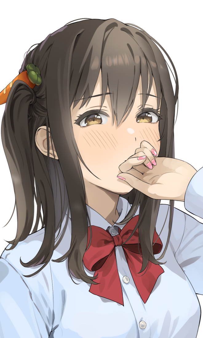 yoropa, original, 1girl, blush, bow, bowtie, brown eyes, brown hair, buttons, carrot hair ornament, collared shirt, covering own mouth, dot nose, double-parted bangs, food-themed hair ornament, hair ornament, looking at viewer, nail polish, pink nails, portrait, red bow, red bowtie, school uniform, shirt, sidelocks, simple background, solo, white background, white shirt