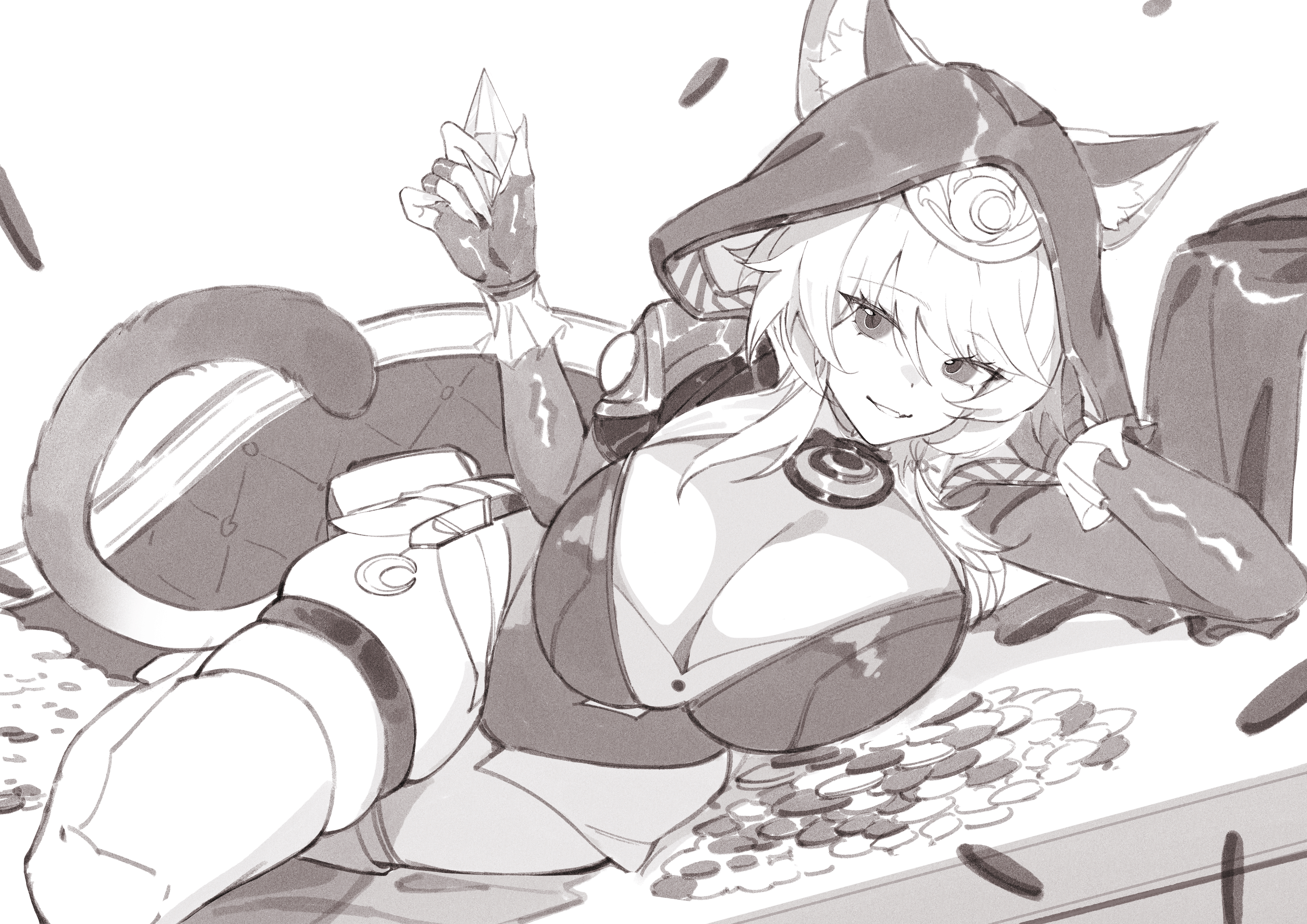 lcy bingzi, cipher (honkai: star rail), honkai: star rail, honkai (series), absurdres, highres, 1girl, animal ear fluff, animal ears, animal hood, boots, breasts, cat ears, cat girl, cat hood, cat tail, cleavage, coin, couch, fingerless gloves, gloves, greyscale, hood, hooded leotard, large breasts, leotard, lying, monochrome, on couch, on side, smile, solo, tail, thigh strap, thighs
