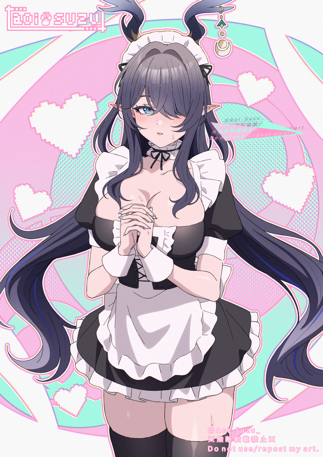 aoi suzu, lauma (genshin impact), genshin impact, highres, 1girl, alternate costume, apron, black dress, black hair, black thighhighs, blue hair, blue streaks, breasts, cleavage, dress, enmaided, floating hair, hair over one eye, horn ornament, horns, interlocked fingers, large breasts, long hair, looking at viewer, maid, maid apron, maid headdress, multicolored hair, parted lips, short sleeves, solo, standing, streaked hair, thighhighs, very long hair, white apron, zettai ryouiki