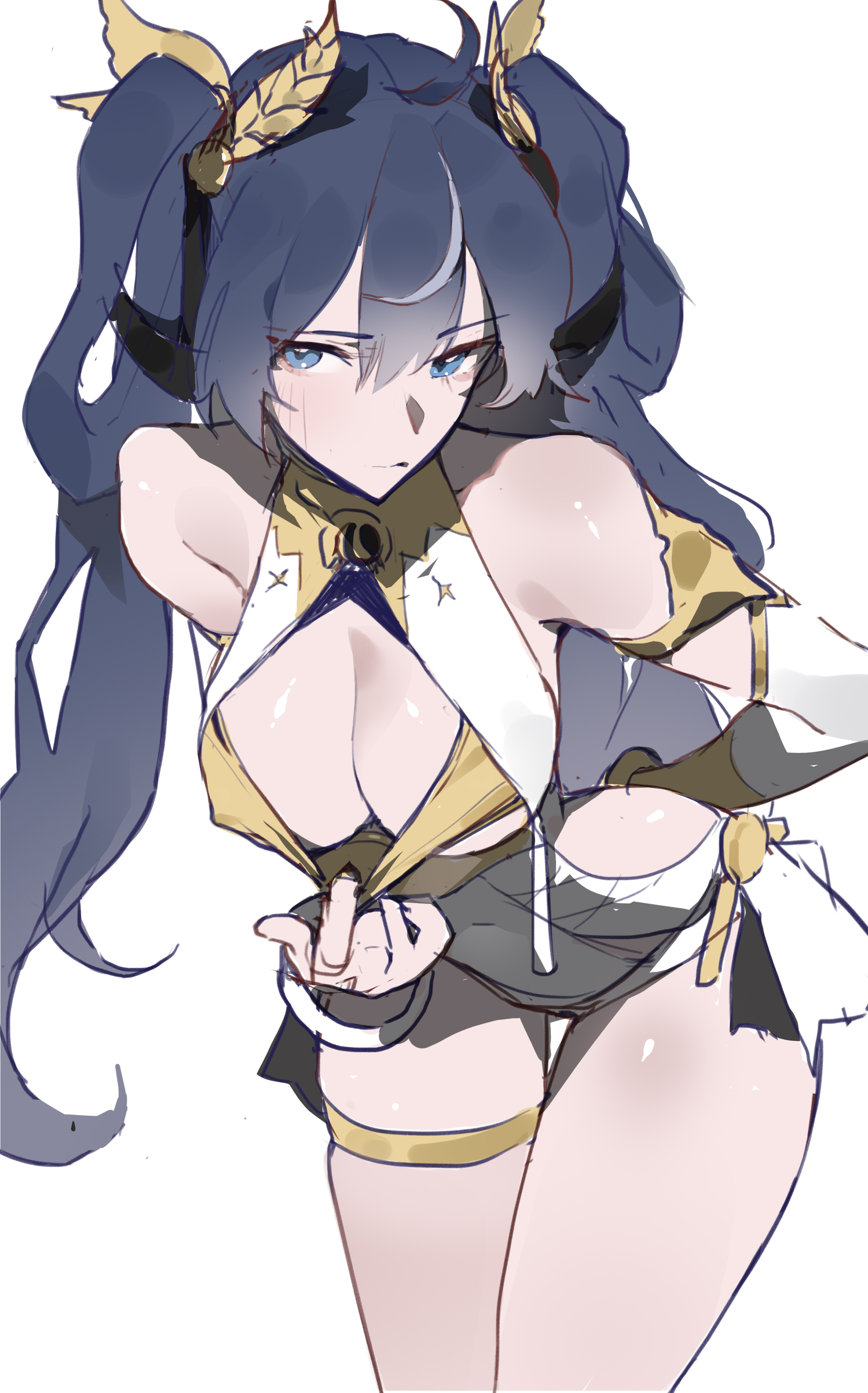 coteri, iuno (wuthering waves), wuthering waves, absurdres, commentary, highres, 1girl, arm behind back, bare shoulders, blue eyes, blue hair, bra, bra pull, breasts, cleavage, closed mouth, clothes pull, covered navel, gold bra, hair belt, head wreath, leaning forward, light blush, long hair, looking at viewer, medium breasts, multicolored hair, simple background, sketch, solo, streaked hair, thigh gap, thigh strap, thighs, twintails, underwear, white background
