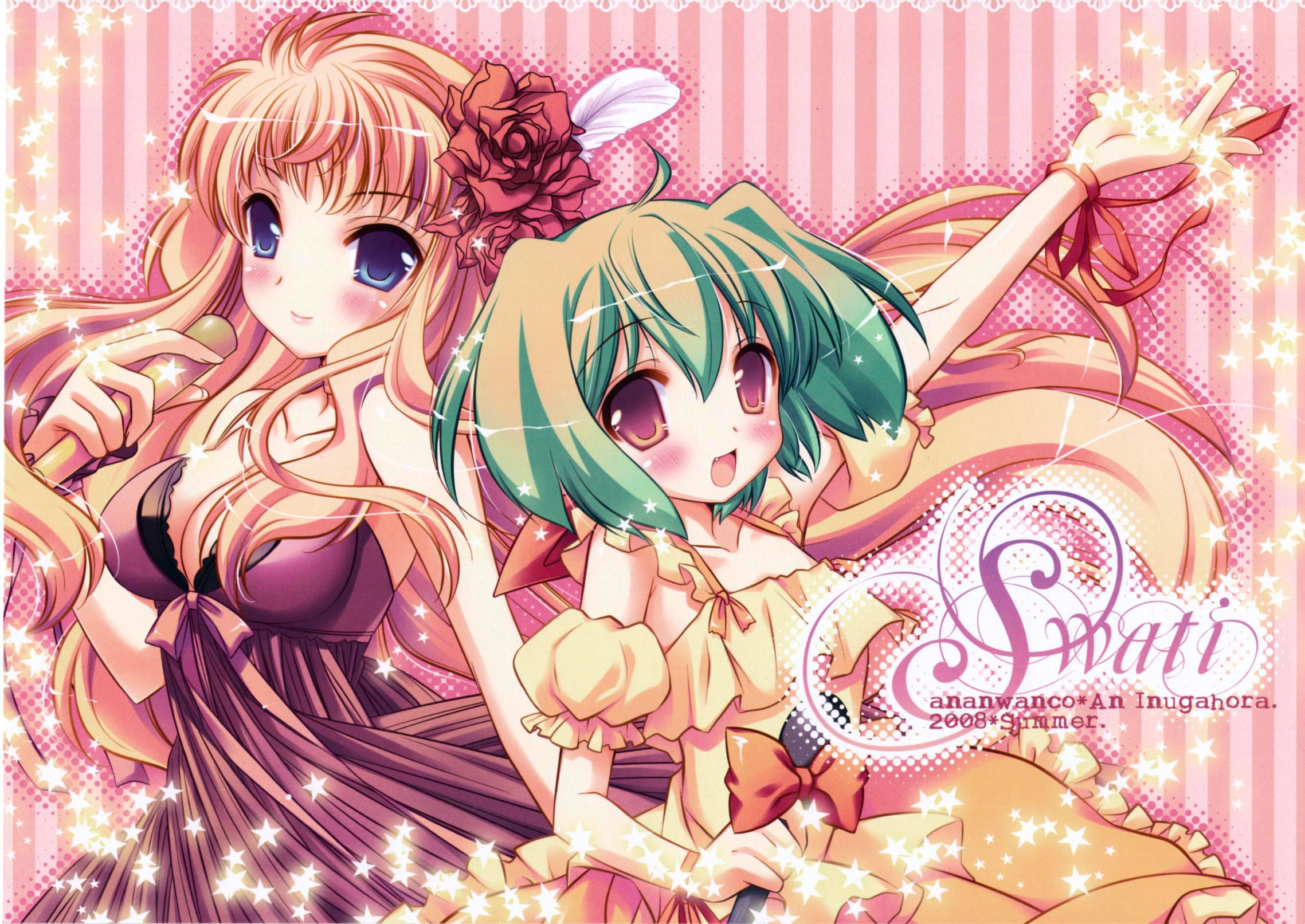 inugahora an, ranka lee, sheryl nome, macross, macross frontier, highres, 00s, 2girls, blonde hair, blue eyes, blush, breasts, cleavage, dress, flower, green hair, long hair, microphone, multiple girls, red eyes, ribbon, short hair, small breasts, smile
