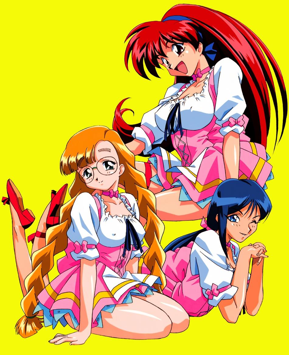honjoji akira, karin (viper), saki (viper), viper (series), 3girls, glasses, multiple girls, waitress