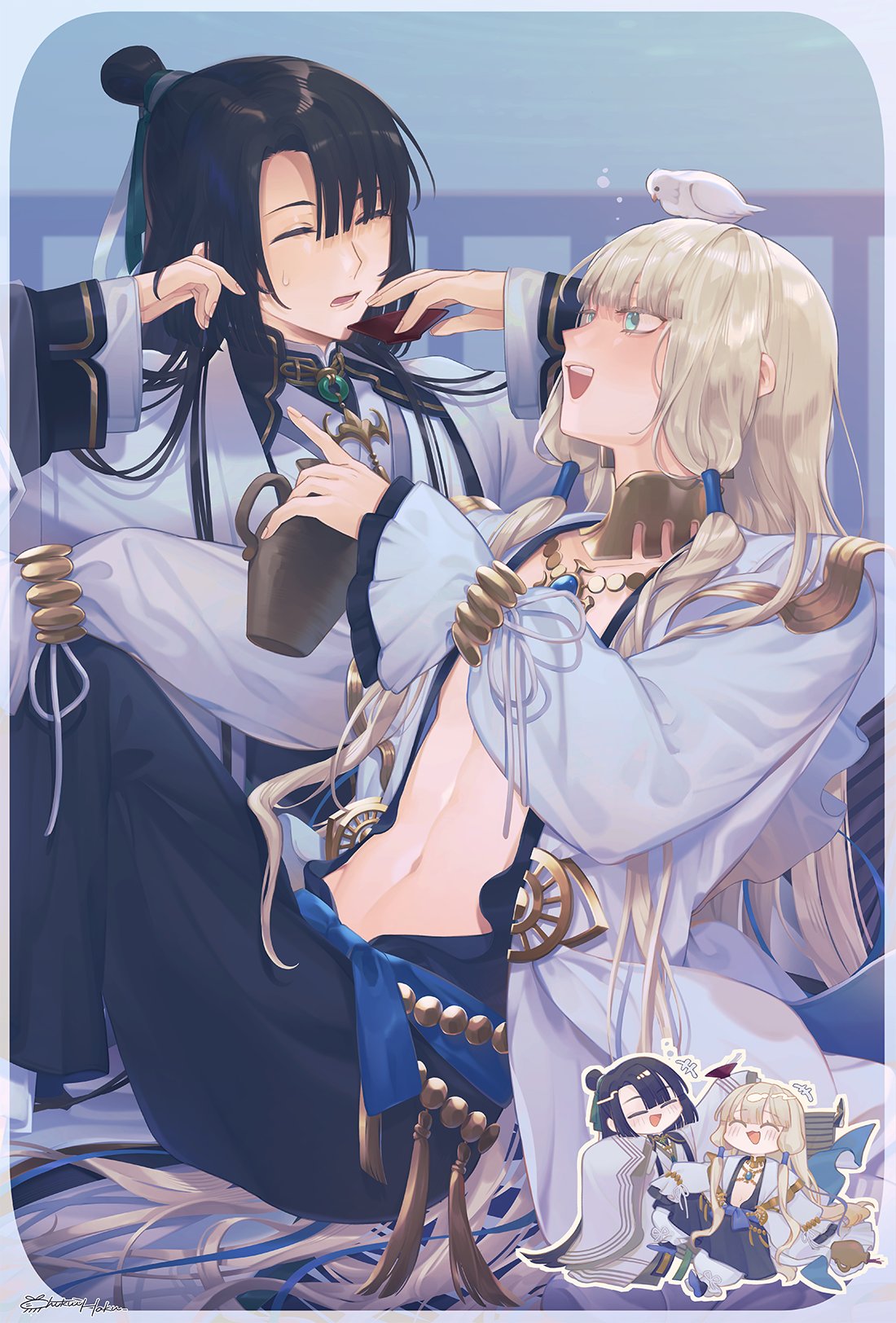 chikuihaku, noah (fate), taigong wang (fate), fate/grand order, fate (series), highres, 2boys, animal, animal on head, bird, bird on head, black hair, blonde hair, blush, bottle, chibi, chibi inset, chinese clothes, closed eyes, gold choker, green eyes, hair bun, hair tubes, half updo, holding, holding bottle, jewelry, long hair, long sleeves, low-tied sidelocks, male focus, multiple boys, navel, necklace, on head, open mouth, robe, sidelocks, single hair bun, sitting, smile, sweatdrop, tipsy, white robe