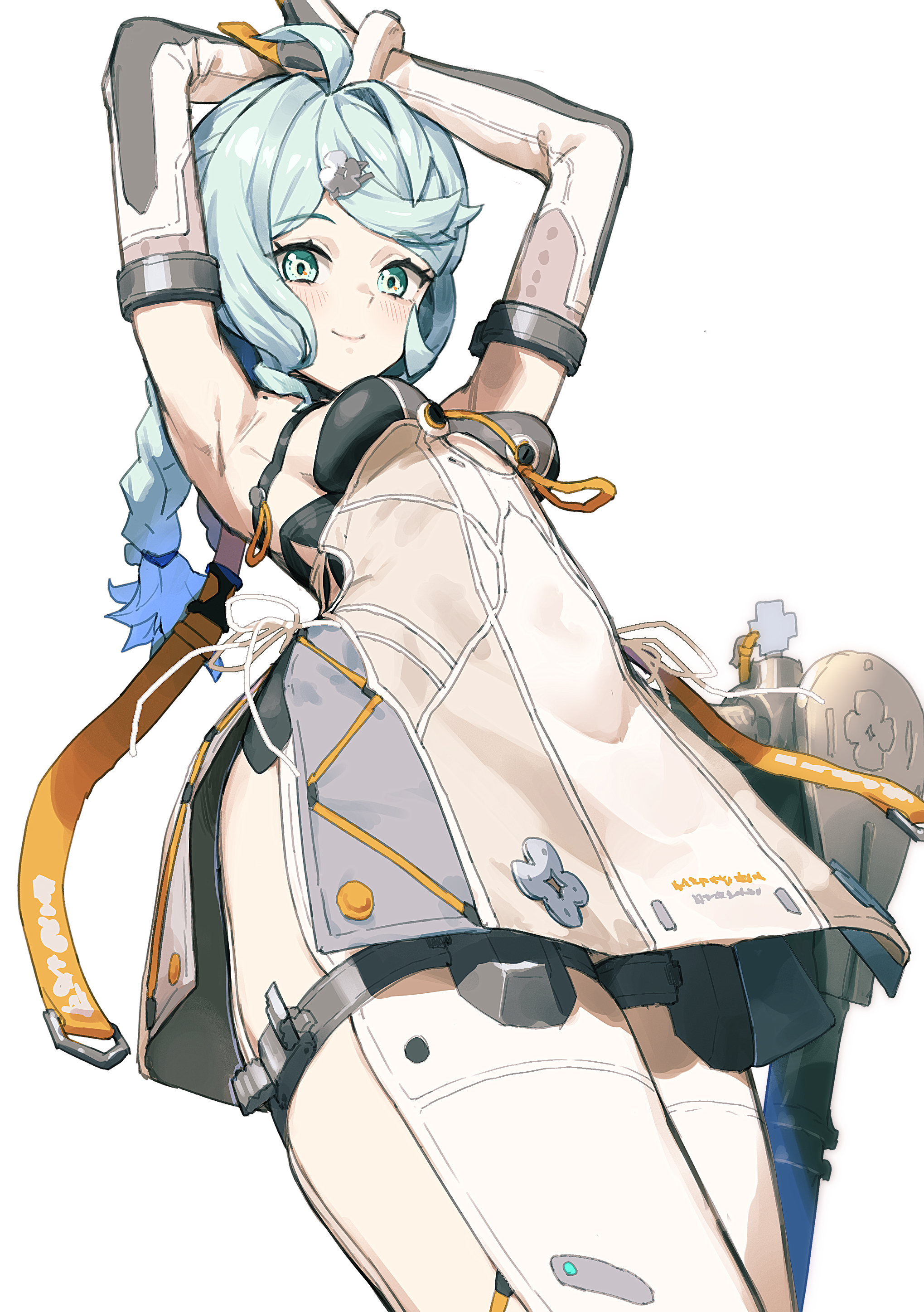 chyko, seed (zenless zone zero), zenless zone zero, absurdres, highres, 1girl, armpits, arms behind head, arms up, bare shoulders, blue eyes, blue hair, blush, braid, breasts, elbow gloves, gloves, hair ornament, latex pants, long hair, looking at viewer, medium breasts, mole, mole on shoulder, see-through dress layer, side slit, smile, solo, white background, white gloves