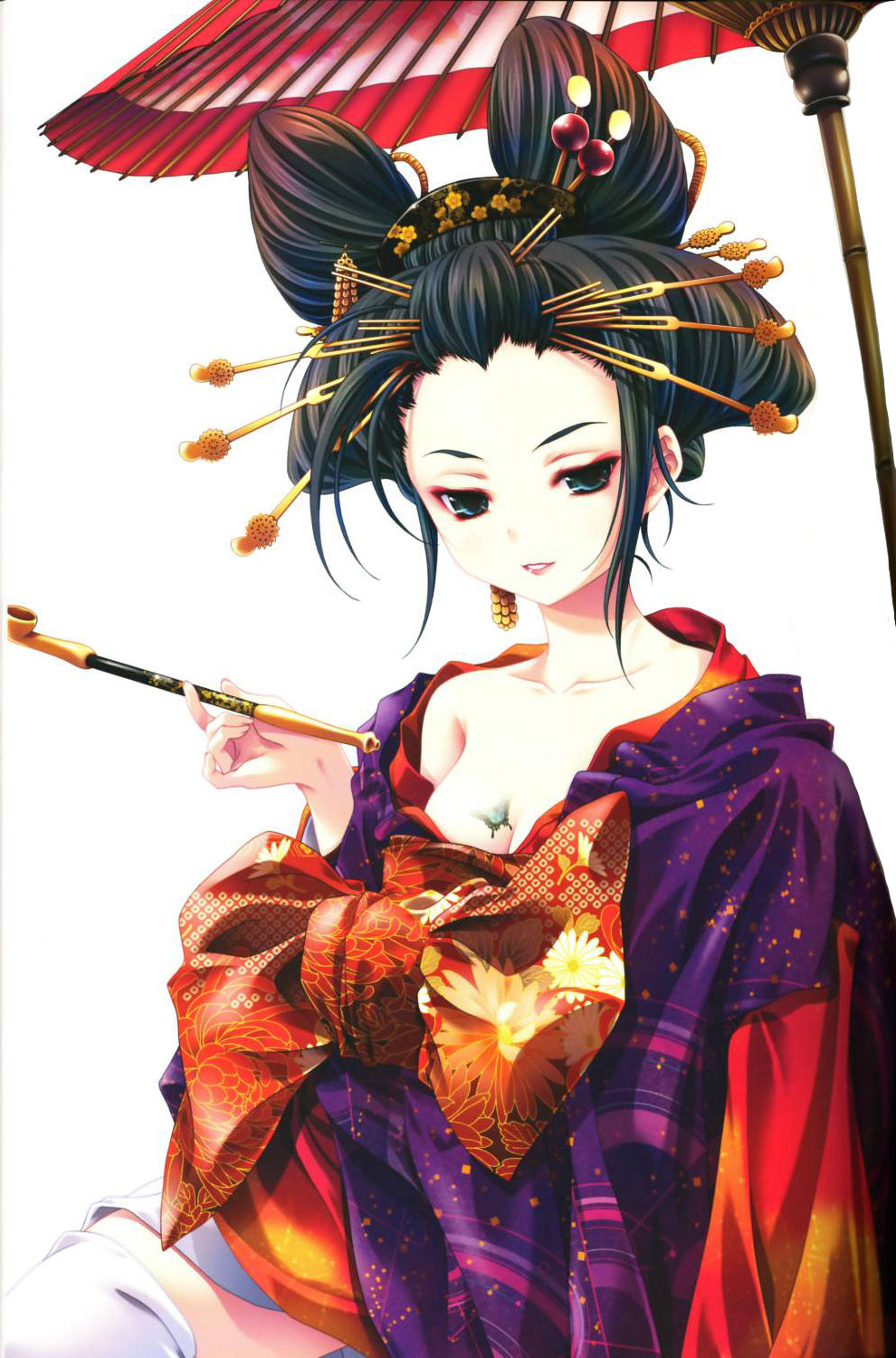 miyama-zero, highres, 1girl, black hair, blue eyes, breasts, bug, butterfly, cleavage, cone hair bun, double bun, female focus, hair bun, hair ornament, hairpin, holding, holding smoking pipe, insect, japanese clothes, kimono, kiseru, obi, oil-paper umbrella, oiran, sash, smoking pipe, solo, tattoo, umbrella