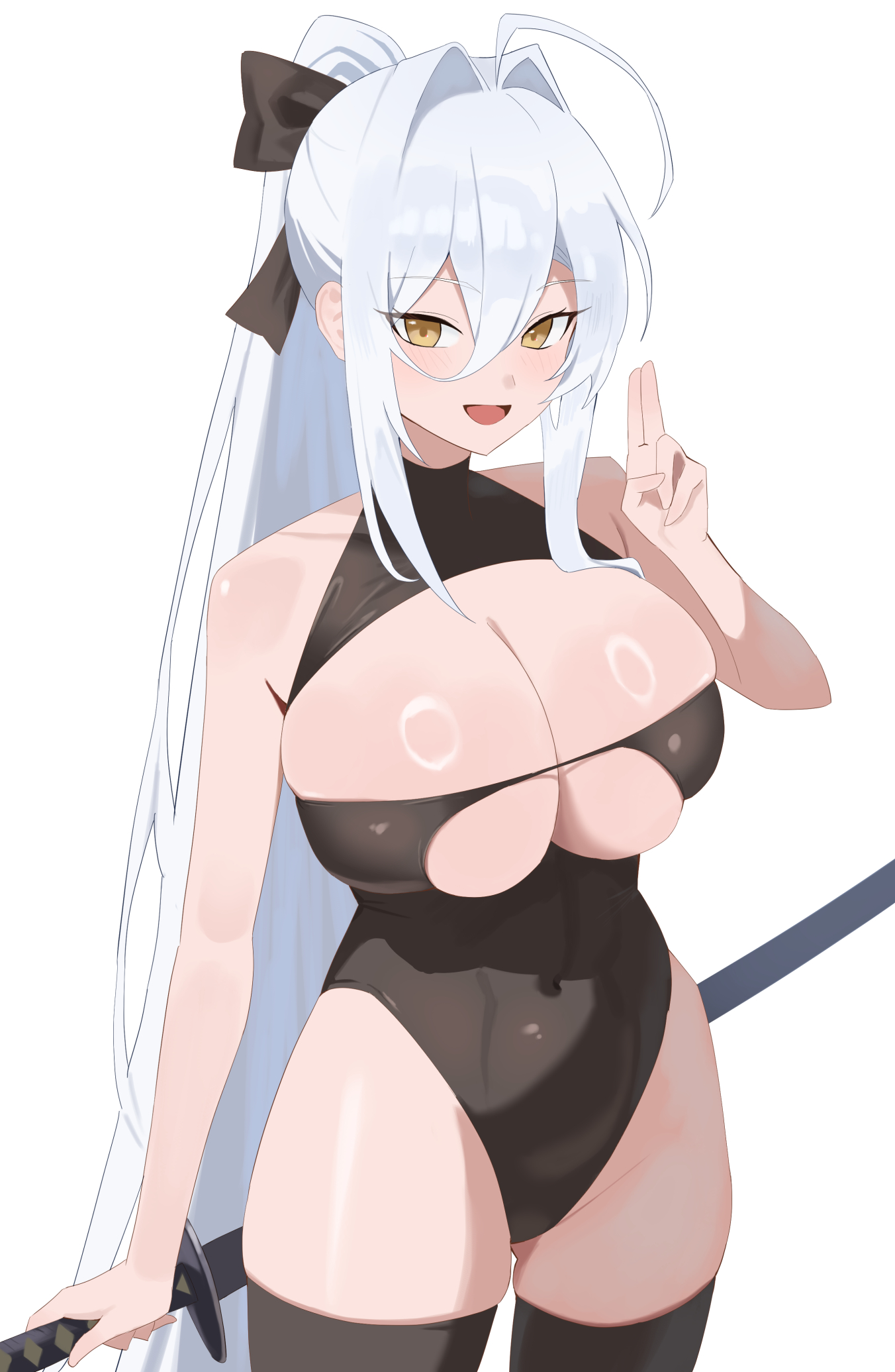 satuki 518, hakuhou (azur lane), hakuhou (floral ninja roleplay) (azur lane), azur lane, commentary, highres, 1girl, ahoge, bare arms, bare shoulders, black leotard, black thighhighs, bow, breasts, cleavage, covered navel, cowboy shot, gluteal fold, hair between eyes, hair bow, hair intakes, hand up, highleg, highleg leotard, holding, holding sword, holding weapon, index finger raised, katana, large breasts, leotard, long hair, looking at viewer, official alternate costume, open mouth, ponytail, reverse grip, sidelocks, simple background, skindentation, smile, solo, sword, thighhighs, very long hair, weapon, white background, white hair, yellow eyes