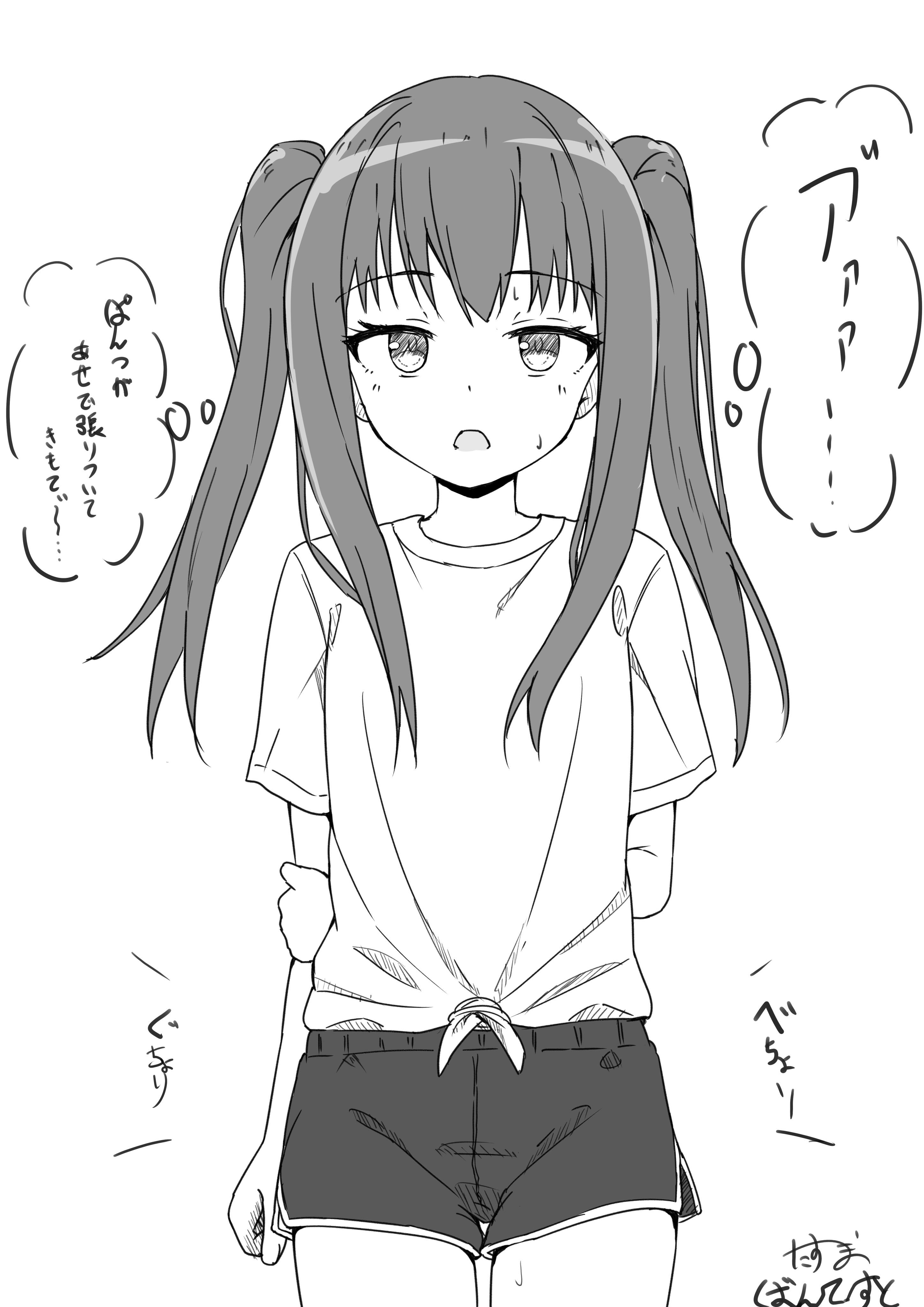 takasuma hiro, original, absurdres, commentary, highres, symbol-only commentary, translation request, 1girl, arm behind back, cowboy shot, dolphin shorts, greyscale, long hair, looking at viewer, monochrome, open mouth, shirt, short sleeves, shorts, sidelocks, simple background, solo, sound effects, speech bubble, thought bubble, tied shirt, twintails