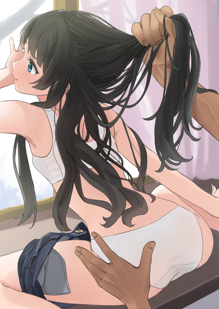 yoropa, original, 1boy, 1girl, against window, ass, blue eyes, blue shorts, bra, breasts, brown hair, clothes pull, curtains, denim, denim shorts, expressionless, feet out of frame, grabbing another's ass, grabbing another's hair, groping, holding another's hair, indoors, lips, long hair, looking ahead, looking back, panties, pink lips, shorts, shorts pull, sidelocks, sitting, small breasts, solo focus, thighs, training bra, underwear, wariza, white bra, white panties, window