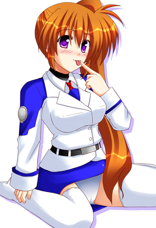 takamachi nanoha, lyrical nanoha, mahou shoujo lyrical nanoha, mahou shoujo lyrical nanoha strikers, 00s, 1girl, blush, brown hair, female focus, long hair, necktie, panties, pantyshot, pencil skirt, purple eyes, side ponytail, skirt, solo, thighhighs, tongue, underwear, upskirt, very long hair, zettai ryouiki