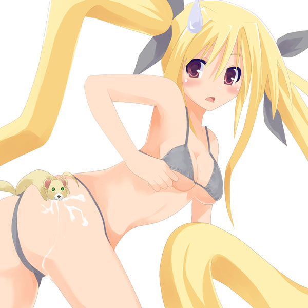 fate testarossa, yuuno scrya, lyrical nanoha, mahou shoujo lyrical nanoha, 00s, ass, bikini, blonde hair, ferret, long hair, open mouth, red eyes, solo, swimsuit, twintails, very long hair