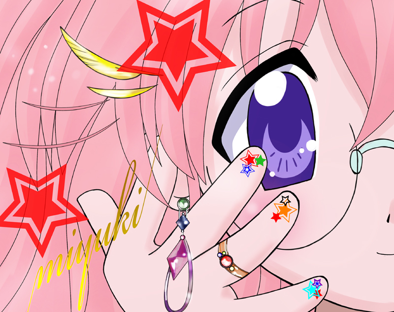 sugi (shoufusha), endou aya, takara miyuki, lucky star, macross, macross frontier, 1girl, blue eyes, close-up, earrings, female focus, glasses, jewelry, parody, pink hair, ring, solo, star (symbol), voice actor connection