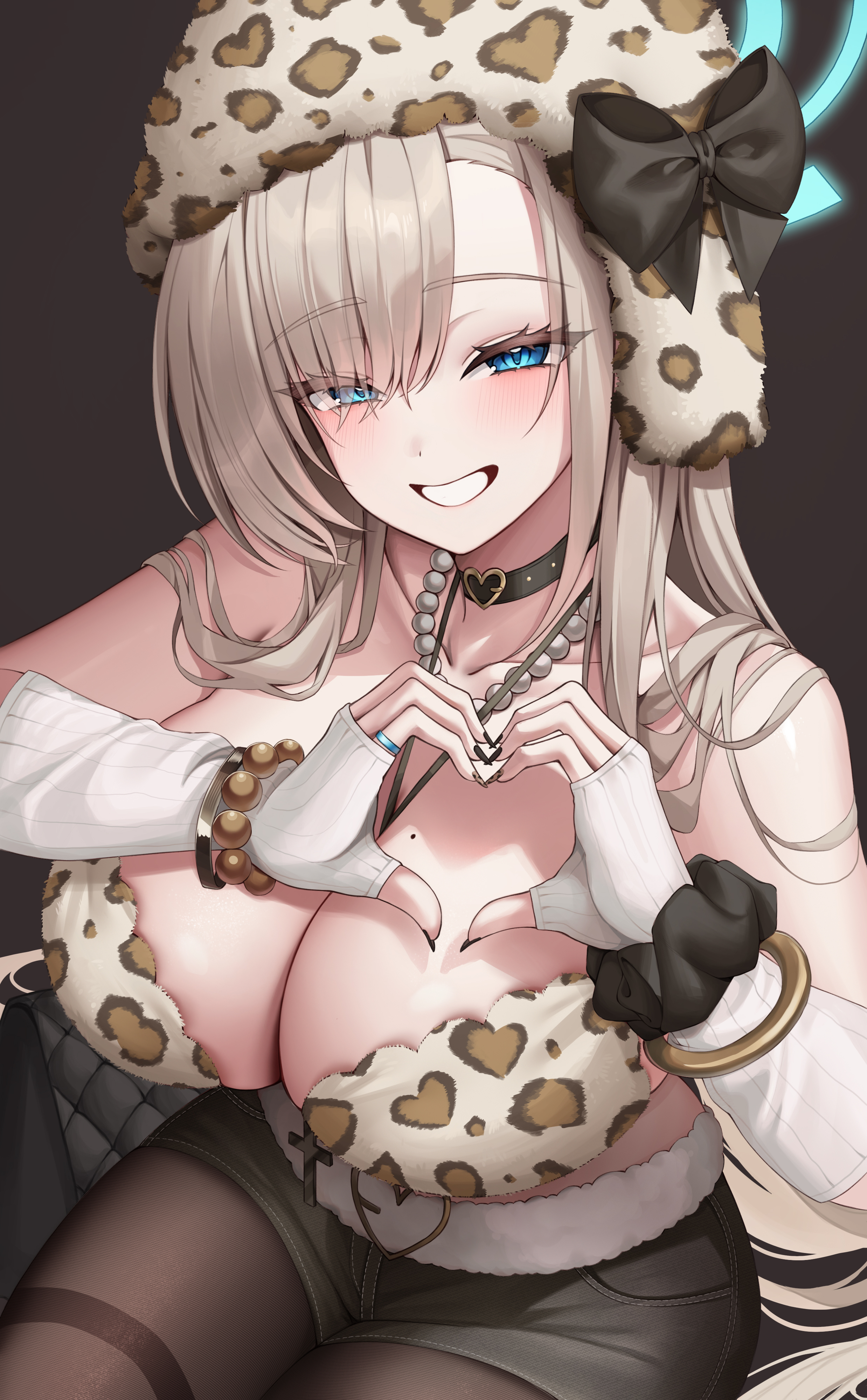 moiroowo, asuna (blue archive), blue archive, absurdres, highres, 1girl, alternate costume, animal print, belt, belt collar, black belt, black bow, black nails, black scrunchie, blonde hair, blue eyes, bow, bracelet, breasts, cleavage, collar, collarbone, cross, cross necklace, fingerless gloves, gloves, halo, hat, hat bow, heart, heart hands, jewelry, large breasts, leopard print, long hair, mole, mole on breast, necklace, necklace between breasts, pantyhose, pearl necklace, scrunchie, short shorts, shorts, smile, solo, thighband pantyhose, white gloves, wrist scrunchie