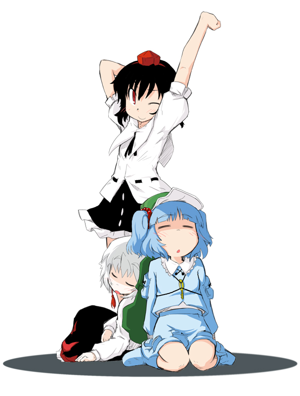 golden pe done, inubashiri momiji, kawashiro nitori, shameimaru aya, touhou, 3girls, arms up, black hair, blue hair, boots, closed eyes, female focus, hair bobbles, hair ornament, hat, multiple girls, one eye closed, red eyes, sleeping, stretching, twintails, two side up, white hair