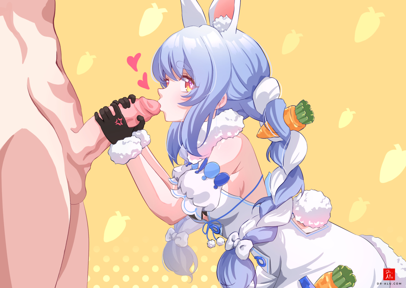 dr-alu, usada pekora, usada pekora (1st costume), hololive, 1boy, 1girl, anger vein, animal ears, artist logo, black gloves, blue hair, braid, breasts, carrot background, carrot hair ornament, clothed female nude male, erection, food-themed hair ornament, from side, fur-trimmed gloves, fur trim, gloves, hair ornament, heart, hetero, kissing penis, logo, long hair, looking at viewer, looking to the side, nude, penis, penis grab, polka dot, polka dot background, profile, rabbit-shaped pupils, rabbit ears, rabbit tail, red eyes, scarf, sideboob, symbol-shaped pupils, tail, uncensored, virtual youtuber, watermark, web address, white hair, white scarf, yellow background
