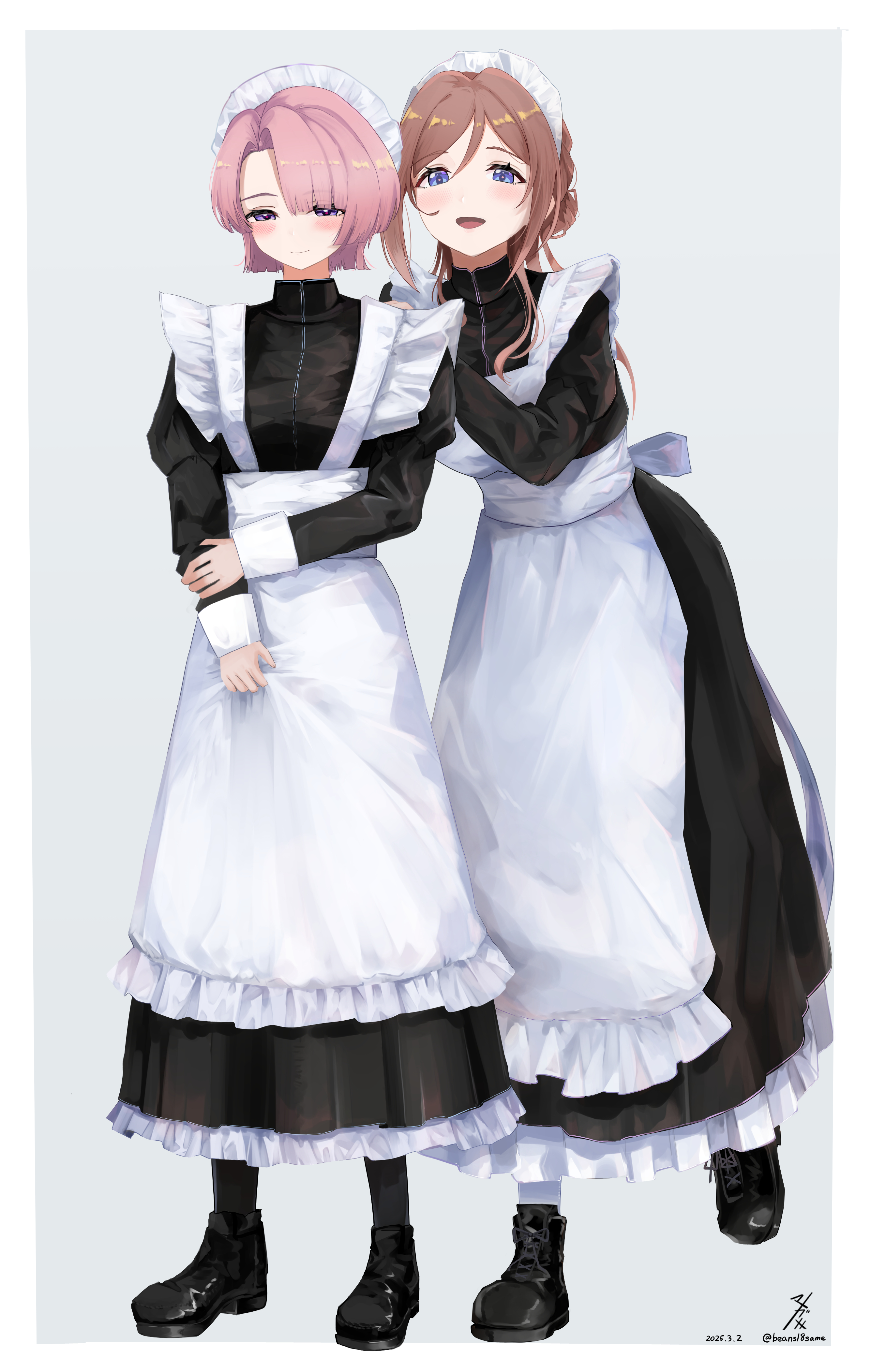 beans18mame, arimura mao, himesaki rinami, gakuen idolmaster, idolmaster, absurdres, highres, 2girls, alternate costume, apron, black dress, black shoes, blush, border, brown hair, dress, enmaided, frilled apron, frills, full body, juliet sleeves, long sleeves, looking at viewer, maid, maid apron, maid headdress, multiple girls, pink hair, puffy sleeves, shoes, simple background, smile, twitter username, white apron, white border