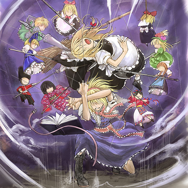 cervus, alice margatroid, hourai doll, kirisame marisa, shanghai doll, touhou, 2girls, angry, apron, battle, blonde hair, blue dress, crossed arms, doll, dress, female focus, full body, hat, hidden eyes, looking at viewer, multiple girls, shaded face, size difference, spikes, too many, waist apron, witch hat