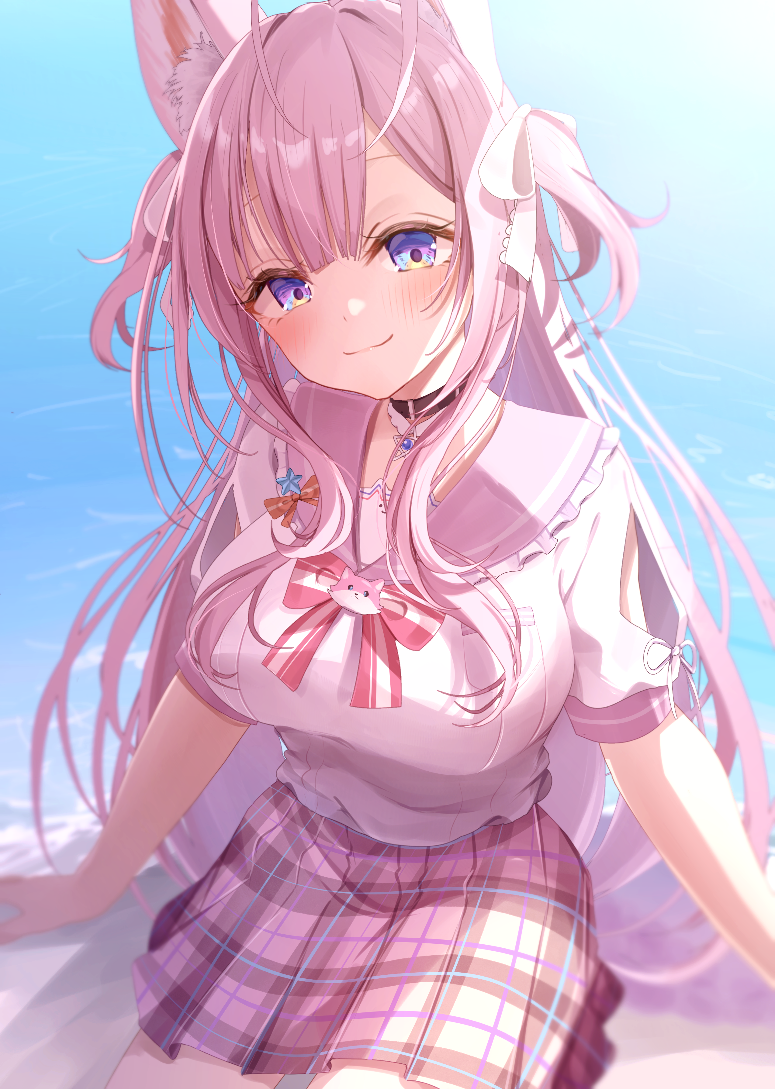 shagaihi, hakui koyori, hololive, absurdres, highres, 1girl, animal ears, black choker, blue eyes, blush, bow, bowtie, breasts, choker, hair bow, large breasts, looking at viewer, pink sailor collar, pink shirt, pink skirt, plaid clothes, plaid skirt, pleated skirt, red bow, red bowtie, sailor collar, school uniform, shirt, short sleeves, sitting, skirt, smile, solo, twintails, virtual youtuber, white bow