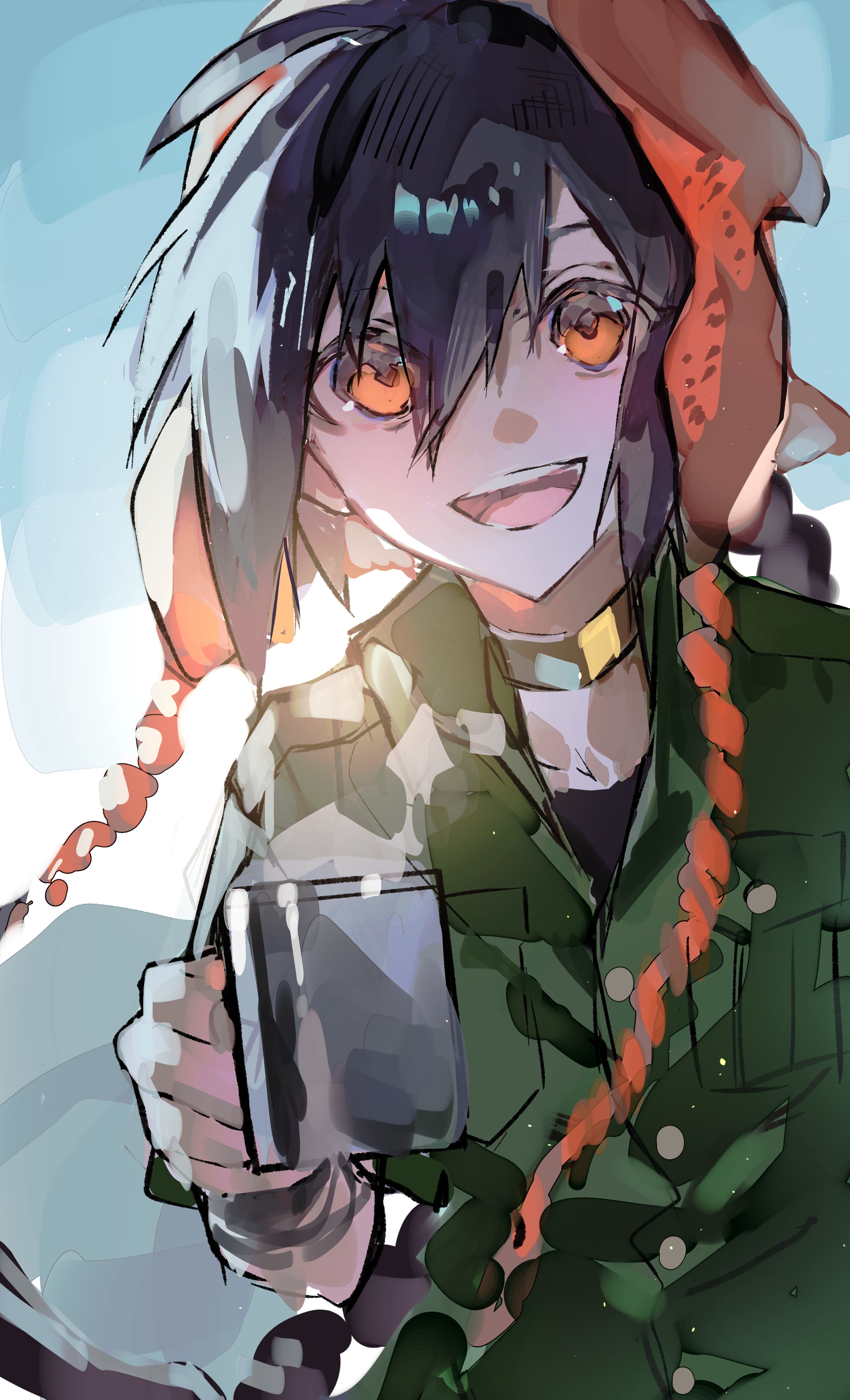 mura karuki, yamato takeru (fate), fate/grand order, fate (series), absurdres, highres, 1other, beanie, black hair, blue sky, braid, braided ponytail, choker, collared shirt, cup, day, earflap beanie, green shirt, hat, holding, holding cup, looking at viewer, open mouth, orange eyes, orange hat, other focus, outdoors, shirt, single braid, sky, smile, steam, upper body