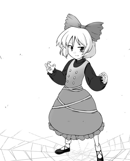 kiku hitomoji, tora tooru, toru tooru, kurodani yamame, touhou, 1girl, bow, dress, female focus, greyscale, hair bow, long sleeves, looking at viewer, monochrome, ponytail, shoes, short hair, simple background, solo, standing, white background
