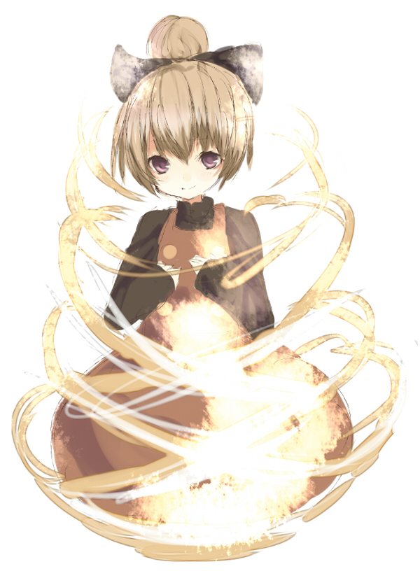 tetsuo (tashirosu), kurodani yamame, touhou, 1girl, black bow, bow, brown hair, dress, female focus, fire, hair bow, long sleeves, looking at viewer, ponytail, red dress, short hair, simple background, solo, white background