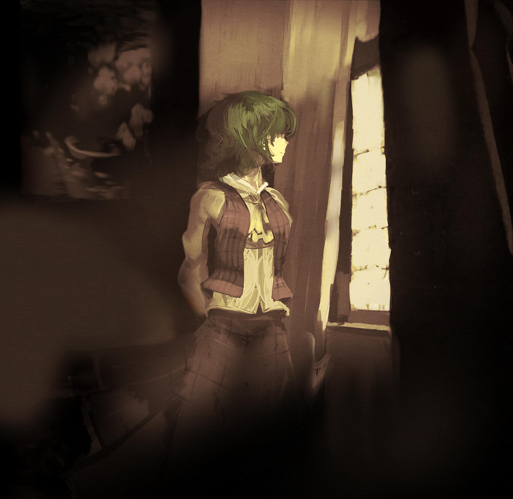 yoshioka yoshiko, kazami yuuka, touhou, 1girl, arms behind back, ascot, female focus, green hair, hair over eyes, indoors, looking outside, muted color, plaid clothes, plaid vest, short hair, solo, sunlight, vest, window