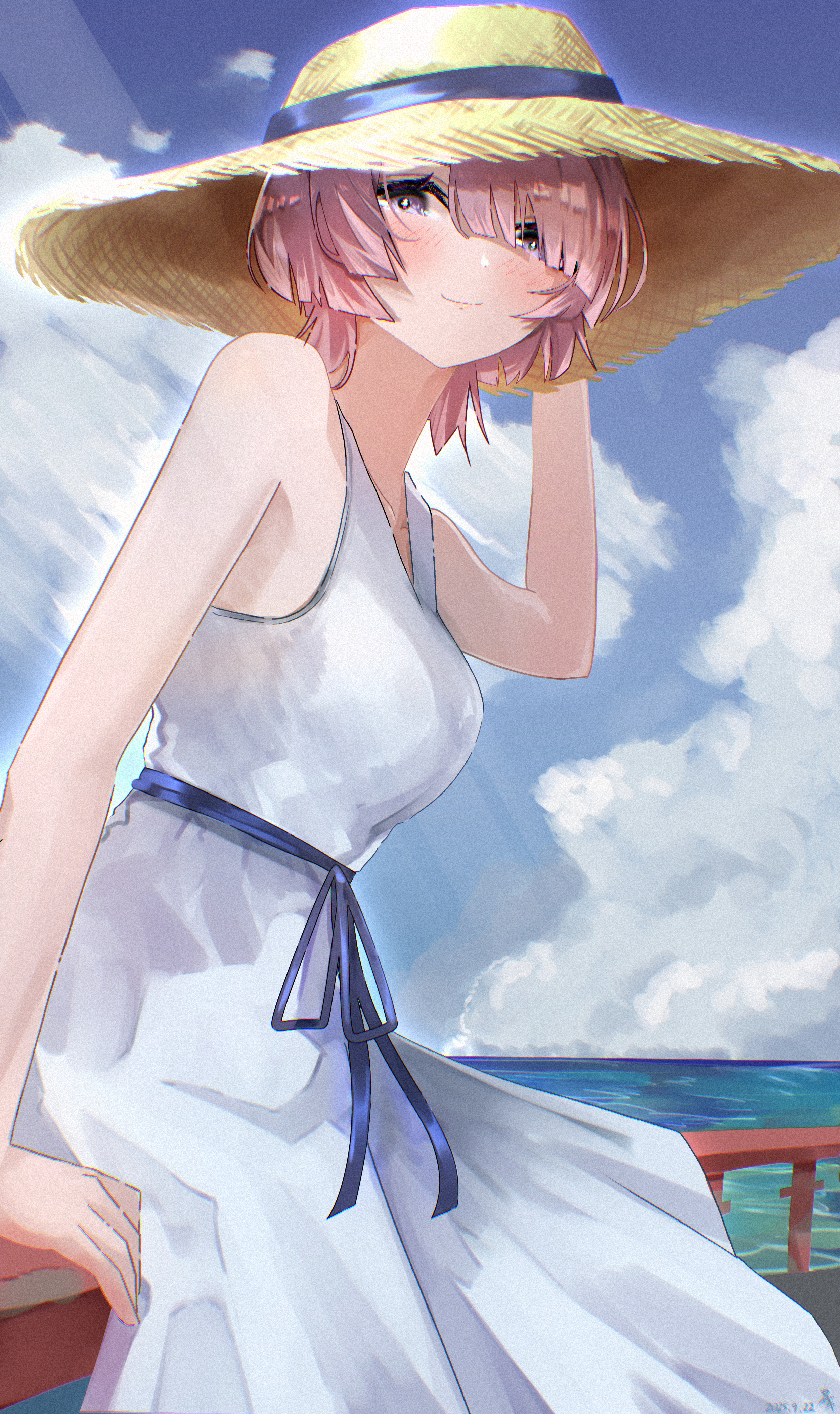 beans18mame, arimura mao, gakuen idolmaster, idolmaster, absurdres, commentary request, highres, 1girl, arm support, bare arms, blush, breasts, dress, hat, horizon, light smile, looking to the side, medium breasts, on railing, pink hair, purple eyes, railing, short hair, sleeveless, sleeveless dress, solo, straw hat, white dress