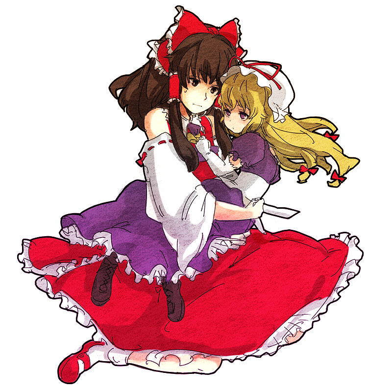 yukizen, hakurei reimu, yakumo yukari, yakumo yukari (young), touhou, red footwear, 2girls, aged down, asymmetrical hair, bare shoulders, blonde hair, boots, bow, brown eyes, brown hair, collar, detached sleeves, dress, elbow gloves, female focus, frilled bow, frilled hair tubes, frilled skirt, frills, full body, gloves, hair bow, hair tubes, hat, hat ribbon, kneeling, lace-up boots, long hair, mary janes, multiple girls, puffy sleeves, purple dress, purple eyes, red bow, red ribbon, red skirt, ribbon, ribbon-trimmed sleeves, ribbon trim, shoes, simple background, skirt, socks, white background, white collar, white gloves, white hat, white sleeves