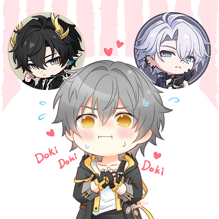 caelus (honkai: star rail), dan heng (honkai: star rail), dan heng (permansor terrae) (honkai: star rail), phainon (fashion) (honkai: star rail), phainon (honkai: star rail), trailblazer (honkai: star rail), honkai: star rail, honkai (series), mixed-language commentary, 3boys, antenna hair, artist name, black choker, black coat, black hair, black jacket, black pants, black shirt, black sweater, blue eyes, blush, choker, closed mouth, coat, collared shirt, crossed bangs, dan heng (lurking) (honkai: star rail), dragon boy, dragon horns, earclip, eyeliner, fingerless gloves, flying sweatdrops, formal clothes, gloves, grey eyes, grey hair, hair between eyes, hand up, hands on own chest, hands up, heart, heartbeat, hood, hooded coat, horns, jacket, lapels, long hair, long sleeves, looking at viewer, lovestruck, low ponytail, makeup, male focus, maowdao, microphone, multiple boys, official alternate costume, official alternate hairstyle, open clothes, open coat, open jacket, open shirt, pants, pink background, pocket watch, pointy ears, ponytail, red eyeliner, shirt, short hair, standing, sun ornament, sweatdrop, sweater, t-shirt, teeth, turtleneck, turtleneck sweater, two-sided coat, two-sided fabric, two-tone background, watch, white background, white hair, white shirt, yaoi, yellow coat, yellow eyes, yellow pupils