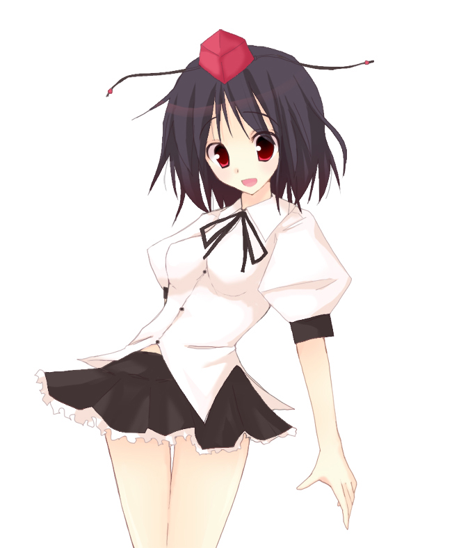 rikudou inuhiko, shameimaru aya, touhou, 1girl, black hair, blouse, cowboy shot, female focus, hat, looking at viewer, midriff peek, miniskirt, open mouth, red hat, ribbon, shirt, short hair, simple background, skirt, smile, solo, white background, white shirt