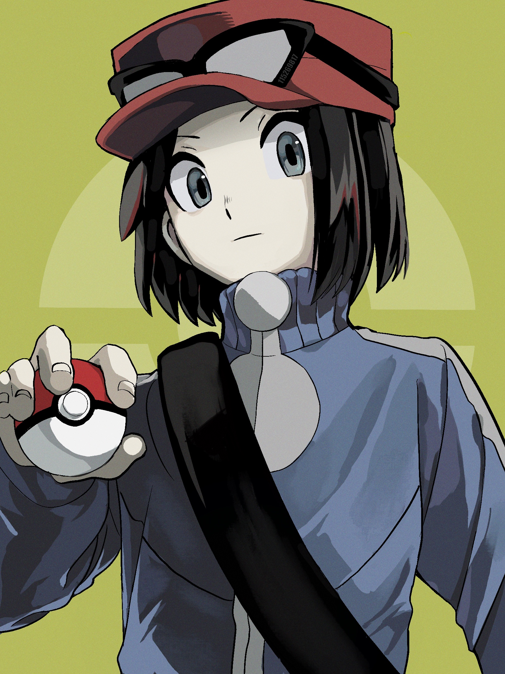 jiong (mwmy3532), calem (pokemon), nintendo, pokemon, pokemon xy, commentary request, highres, 1boy, black-framed eyewear, black hair, closed mouth, eyewear on headwear, green background, grey eyes, hand up, hat, holding, holding poke ball, jacket, looking at viewer, male focus, poke ball, poke ball (basic), red hat, short hair, solo, strap, sunglasses, turtleneck, turtleneck jacket, upper body