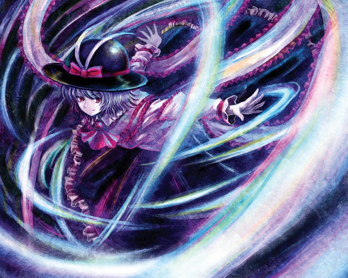 hyuuga azuri, nagae iku, touhou, 1girl, danmaku, female focus, hat, purple hair, ribbon, short hair, solo