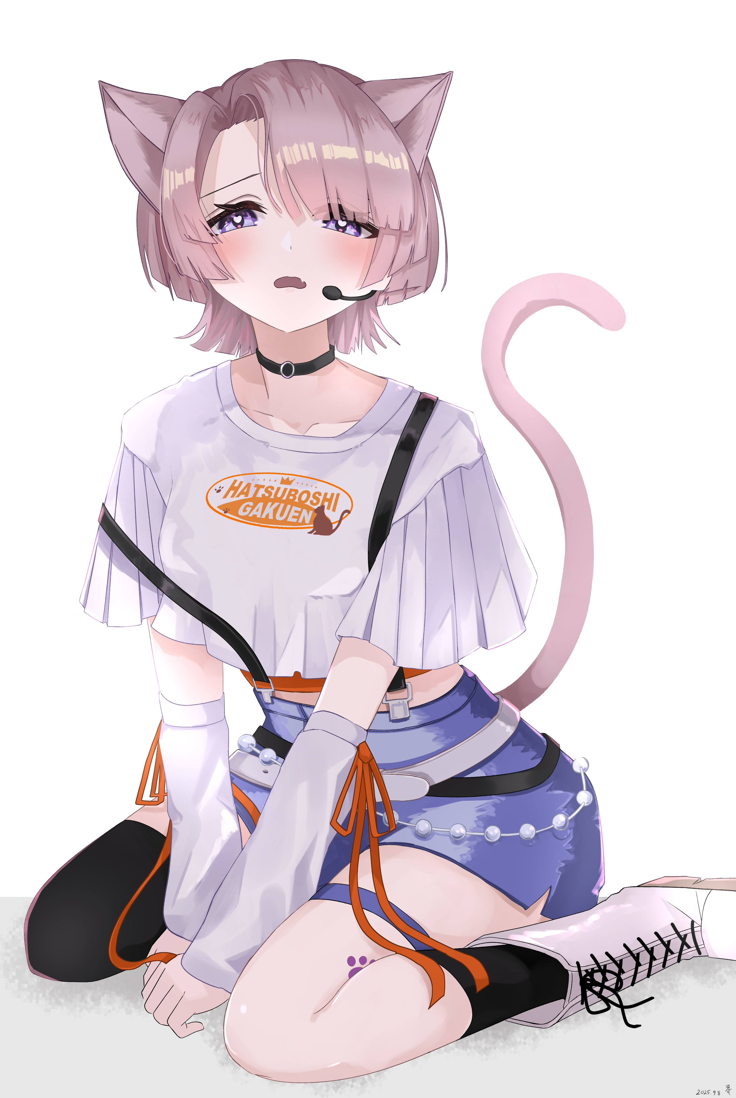 beans18mame, arimura mao, gakuen idolmaster, idolmaster, absurdres, highres, 1girl, :o, animal ears, asymmetrical bangs, asymmetrical legwear, black choker, black socks, boots, cat ears, cat tail, choker, collarbone, cropped shirt, fang, heart, heart-shaped pupils, kemonomimi mode, looking at viewer, mismatched legwear, official alternate costume, paw print, pink hair, portrait, purple eyes, shirt, short hair, simple background, sitting, skin fang, skirt, socks, solo, suspender skirt, suspenders, symbol-shaped pupils, tail, thigh strap, wariza, white background, white boots, white shirt