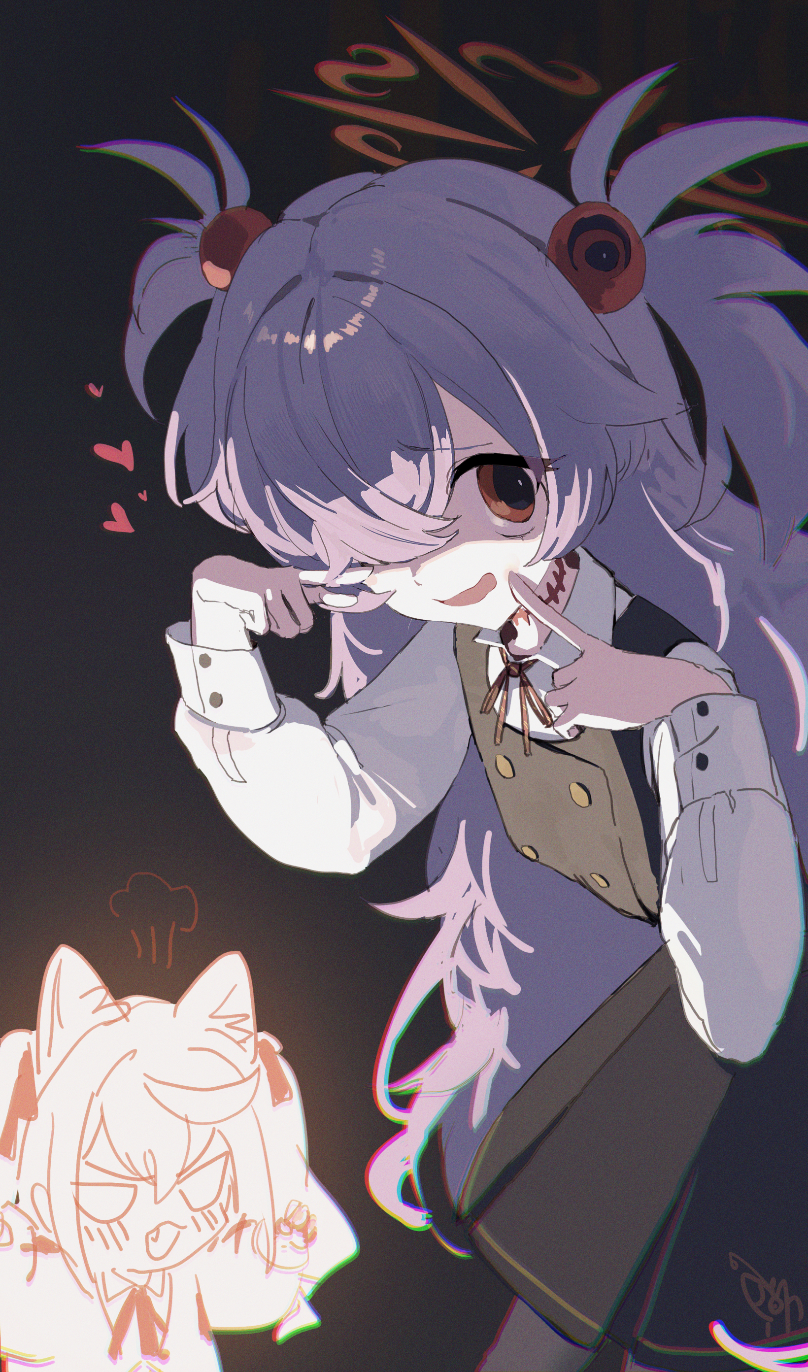 dan nako, kanoe (blue archive), blue archive, absurdres, highres, 1girl, black background, blush, brown halo, diagonal-striped ribbon, dress, grey hair, hair over one eye, halo, long hair, long sleeves, looking at viewer, open mouth, orange halo, pinafore dress, red eyes, scar, scar on neck, shirt, simple background, sleeveless, sleeveless dress, smile, solo, white shirt
