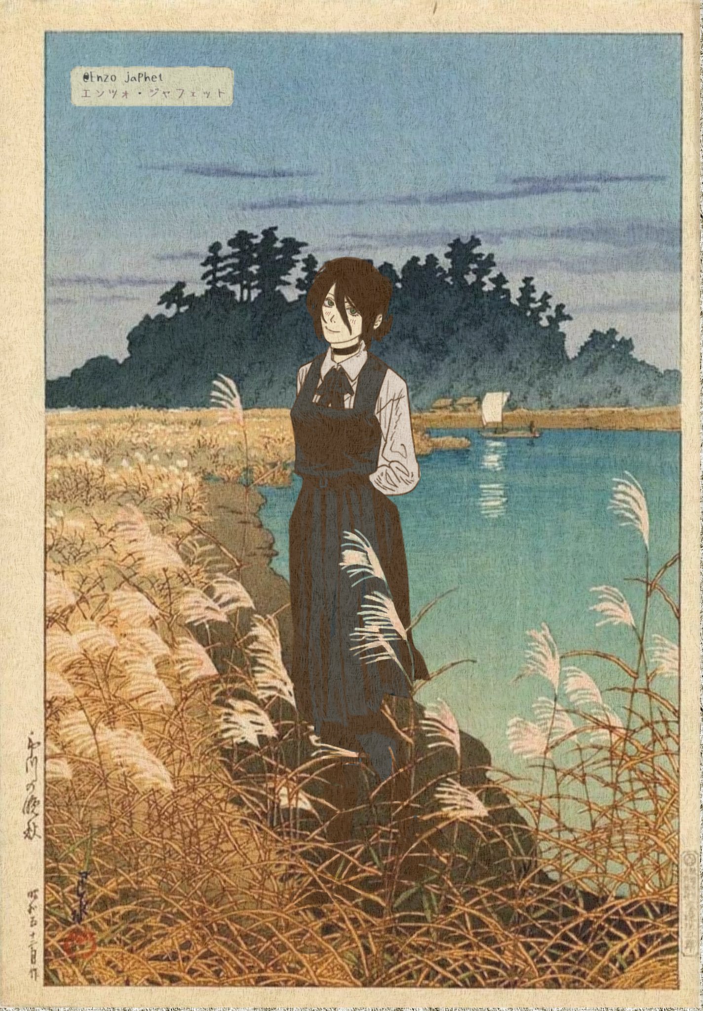 reze (chainsaw man), chainsaw man, hashtag-only commentary, highres, 1girl, artist name, black choker, black dress, black hair, black ribbon, boat, border, cattail, choker, closed mouth, collared shirt, dress, enzo japhet, forest, full body, green eyes, hill, lake, long sleeves, looking at viewer, nature, neck ribbon, outdoors, plant, ribbon, shirt, shirt under dress, sky, sleeveless, sleeveless dress, solo, standing, twitter username, water, watercraft, white shirt