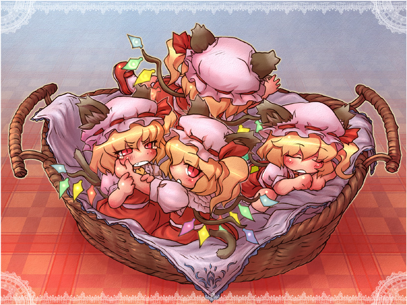 sankuma, flandre scarlet, touhou, 4girls, animal ears, blonde hair, cat ears, cat girl, cat tail, chibi, clone, female focus, hat, kemonomimi mode, mob cap, multiple girls, ponytail, ribbon, short hair, tail, wings