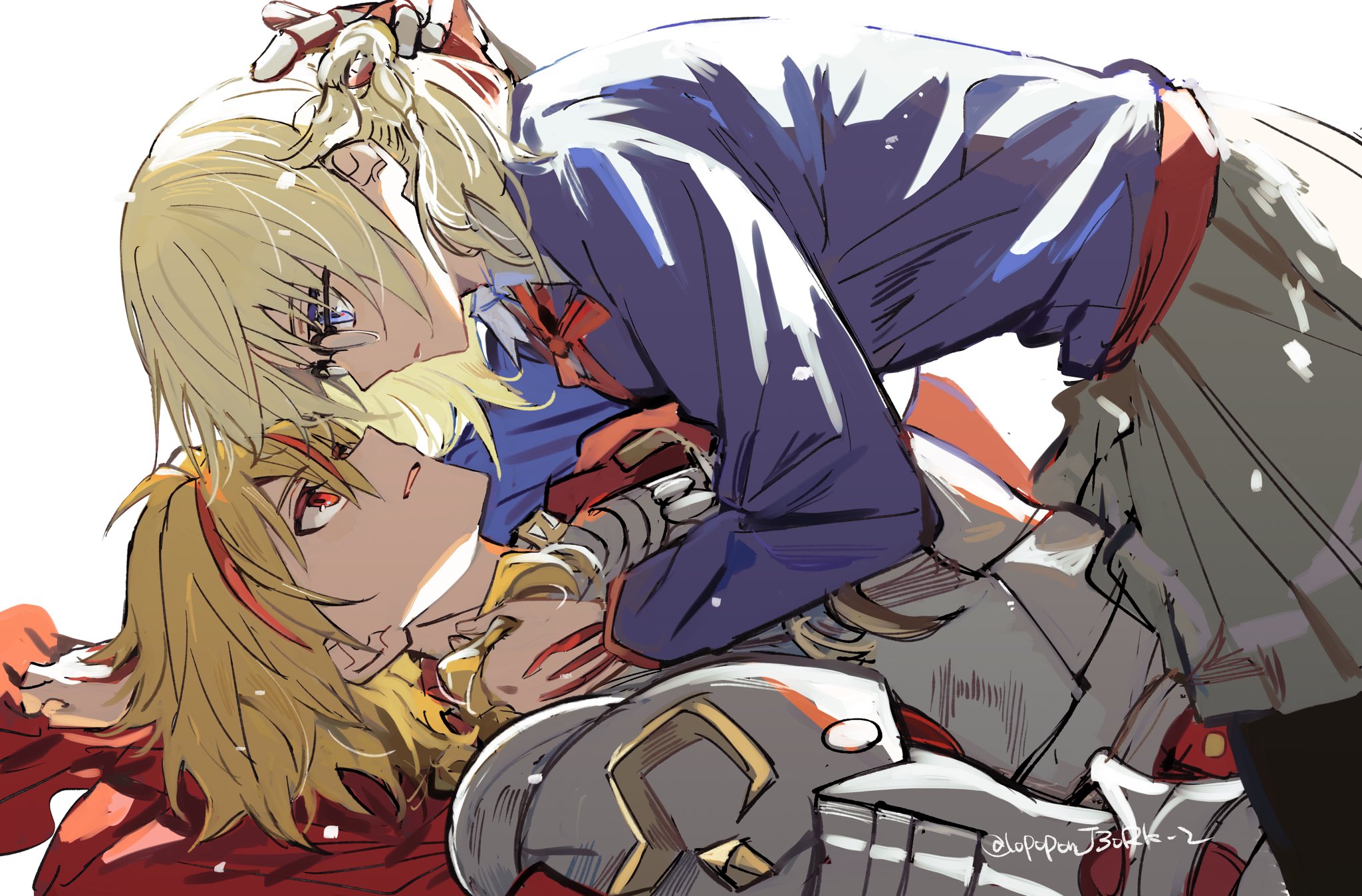toramaru (696anna), richard i (fate), sajou ayaka (fate/strange fake), fate/strange fake, fate (series), highres, 1boy, 1girl, armor, blonde hair, blue eyes, blue sweater, braid, cape, command spell, glasses, hetero, holding another's hair, long hair, long sleeves, looking at another, medium hair, multicolored hair, open mouth, red cape, red eyes, red hair, school uniform, simple background, single braid, skirt, smile, streaked hair, sweater, white background