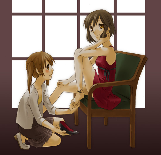 sasaki, sasaki (suzumiya haruhi), tachibana kyouko (suzumiya haruhi), suzumiya haruhi no yuuutsu, 00s, 2girls, barefoot, feet, multiple girls, twintails, yuri