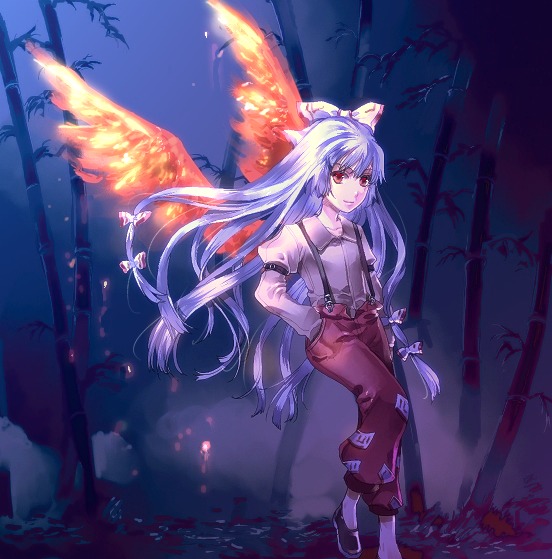 sunakumo, fujiwara no mokou, touhou, 1girl, female focus, fiery wings, fire, long hair, ribbon, solo, wings