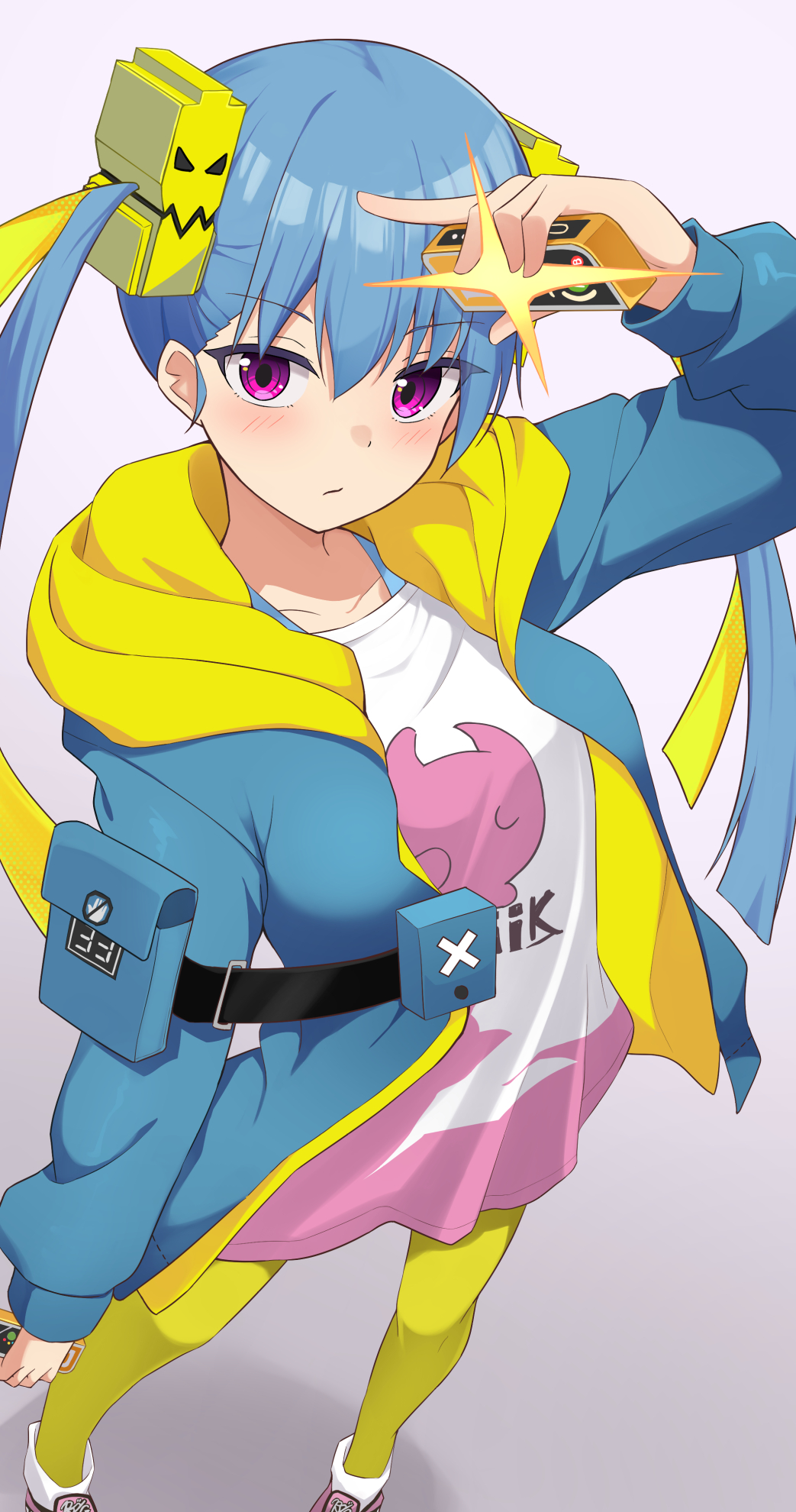 eniraka, astral party, character request, highres, 1girl, arm holster, blue hair, blush, breasts, hair ornament, jacket, long hair, long sleeves, looking at viewer, medium breasts, pantyhose, pink eyes, print shirt, shirt, solo, twintails, two-sided fabric, two-sided jacket, white shirt, yellow pantyhose