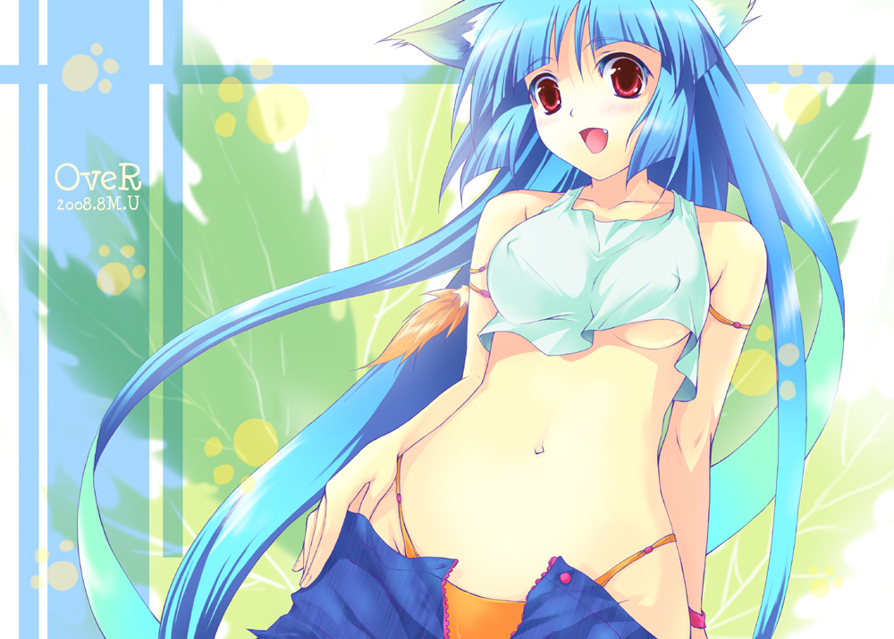 uemoto masato, original, 1girl, animal ears, bikini, bikini bottom only, blue hair, breasts, cat ears, covered erect nipples, fang, female focus, long hair, medium breasts, navel, red eyes, solo, swimsuit, underboob