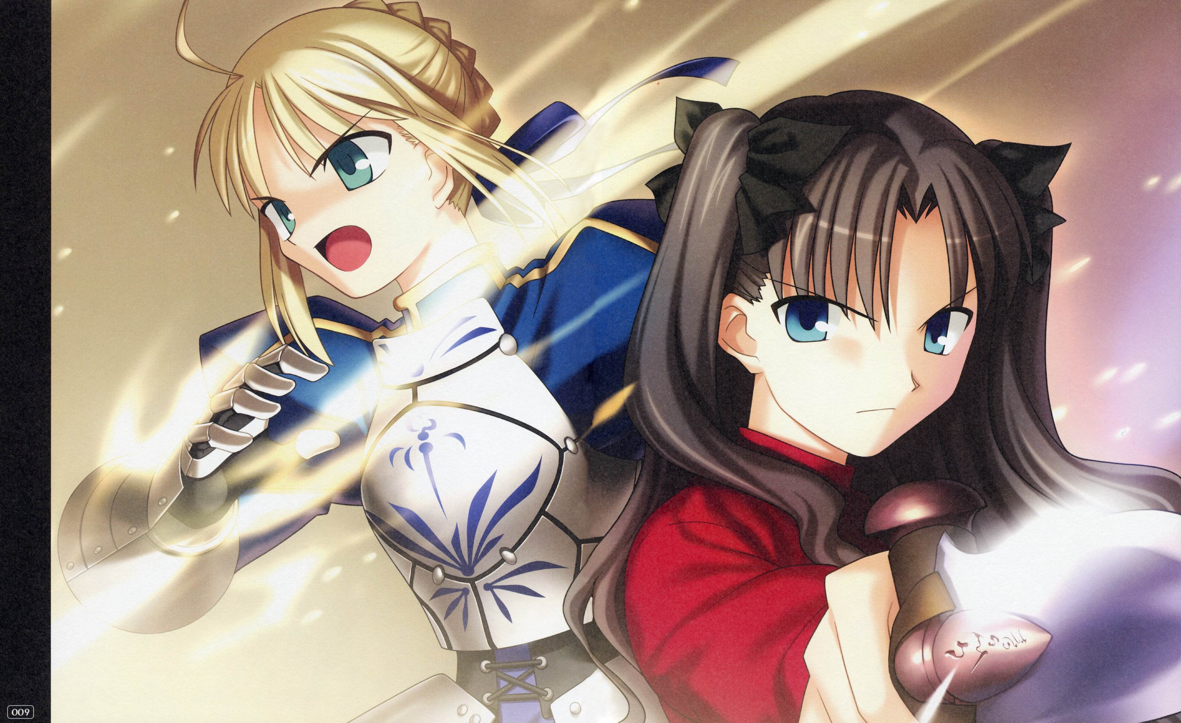 takeuchi takashi, artoria pendragon (fate), saber (fate), tohsaka rin, fate/stay night, fate (series), absurdres, game cg, highres, 00s, 2girls, ahoge, armor, black hair, blonde hair, blue eyes, dagger, green eyes, knife, multiple girls, twintails, two side up, weapon