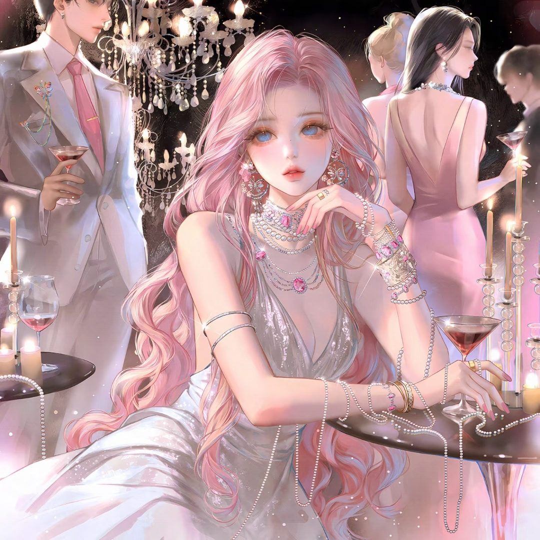 xixizi, original, large variant set, variant set, 1boy, 3girls, alcohol, bare shoulders, beads, black hair, blonde hair, blue eyes, bracelet, breasts, candle, chandelier, cleavage, cup, dress, drinking glass, earrings, faceless, formal clothes, holding, jacket, jewelry, long hair, looking at viewer, medium breasts, multiple girls, nail polish, necklace, necktie, parted lips, pearl necklace, pink dress, pink hair, pink nails, pink necktie, ring, shirt, sitting, sleeveless, sleeveless dress, solo focus, suit, table, wavy hair, white dress, wine glass