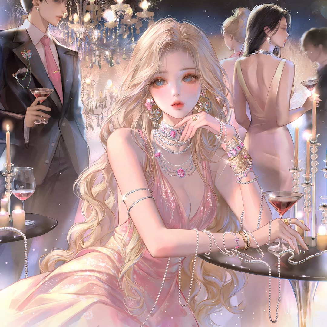 xixizi, original, large variant set, variant set, 1boy, 3girls, alcohol, beads, black hair, black jacket, blonde hair, blue eyes, bracelet, breasts, candle, chandelier, cleavage, cup, dress, drinking glass, earrings, formal clothes, holding, indoors, jacket, jewelry, long hair, looking at viewer, medium breasts, multiple girls, necklace, necktie, parted lips, pearl necklace, pink dress, ring, sitting, sleeveless, sleeveless dress, solo focus, suit, table, wavy hair, wine glass