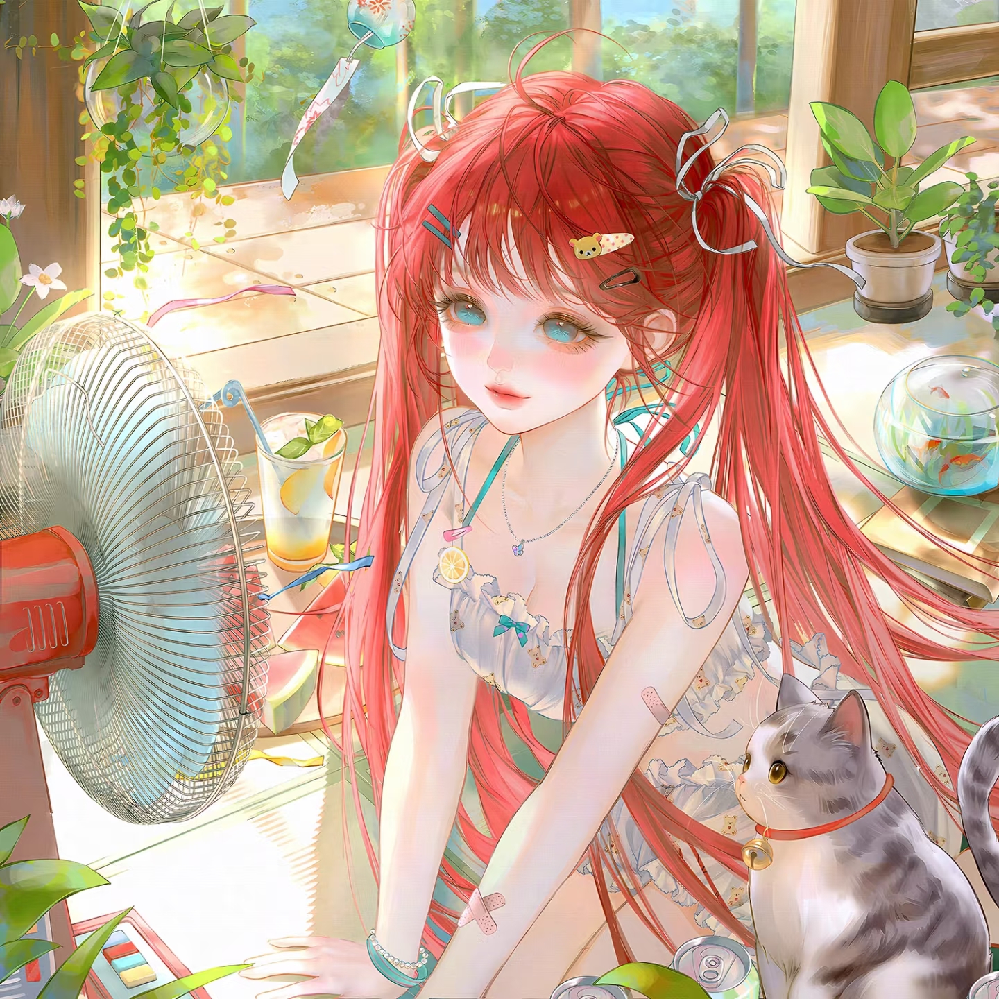 xixizi, original, highres, large variant set, variant set, 1girl, ahoge, animal, bandaid, blue eyes, bracelet, breasts, cat, drinking straw, electric fan, fish, food, frills, hair ornament, hair ribbon, hairclip, jewelry, long hair, necklace, plant, potted plant, red hair, ribbon, sitting, solo, summer, twintails, underwear, wind chime