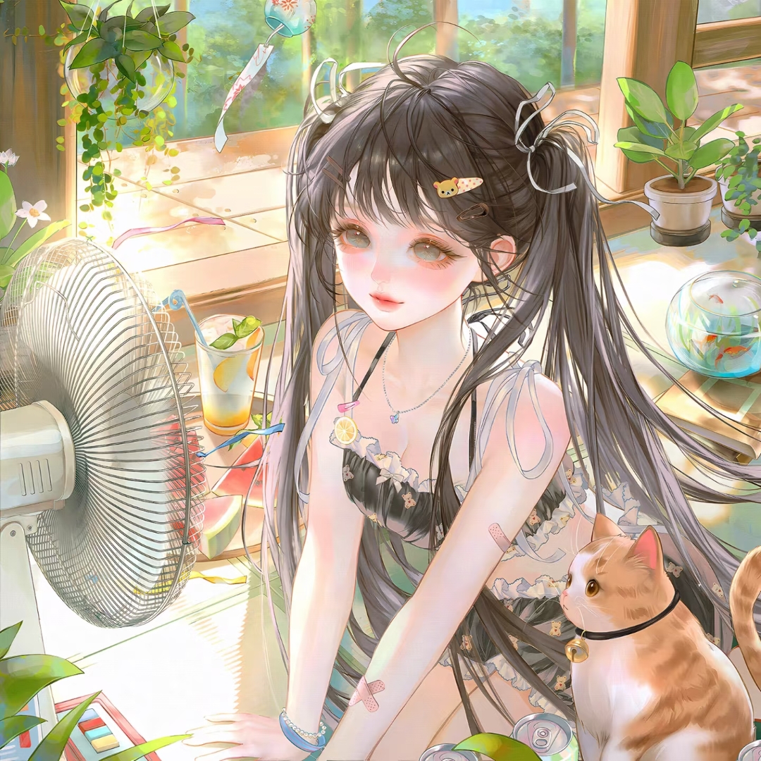 xixizi, original, large variant set, variant set, 1girl, bandaid, bell, black hair, bracelet, breasts, cat, electric fan, fish, food, frills, goldfish, hair ornament, hair ribbon, hairclip, jewelry, long hair, necklace, plant, ribbon, skirt, solo, twintails, wind chime