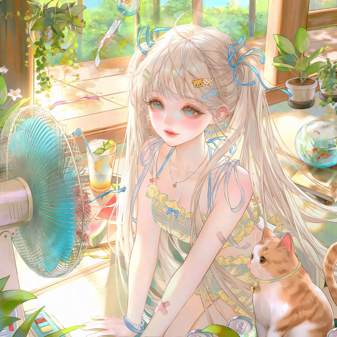 xixizi, original, large variant set, variant set, 1girl, bandaid, blonde hair, blue eyes, blue ribbon, breasts, cat, earrings, electric fan, fish, flower, food, hair ornament, hair ribbon, hairclip, jewelry, long hair, necklace, plant, potted plant, ribbon, sitting, solo, twintails, wind chime
